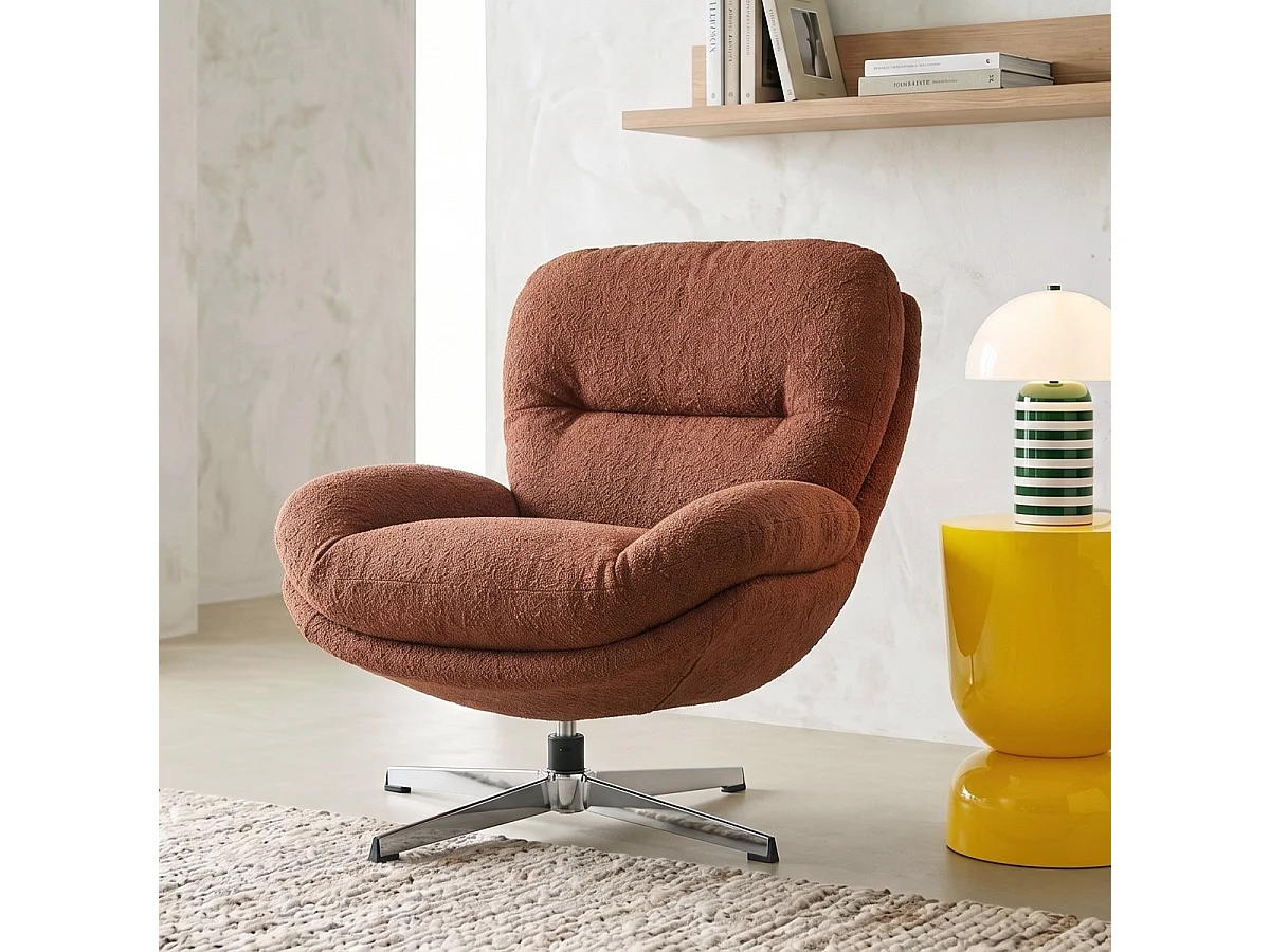 Fauteuil pivotant en tissu bouclé rouille et piètement chromé - Oli