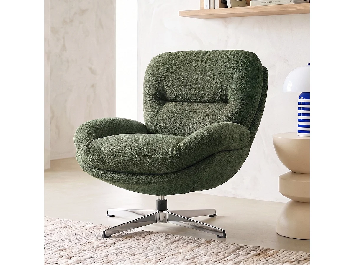 Fauteuil pivotant en tissu bouclé vert kaki et piètement chromé - Oli