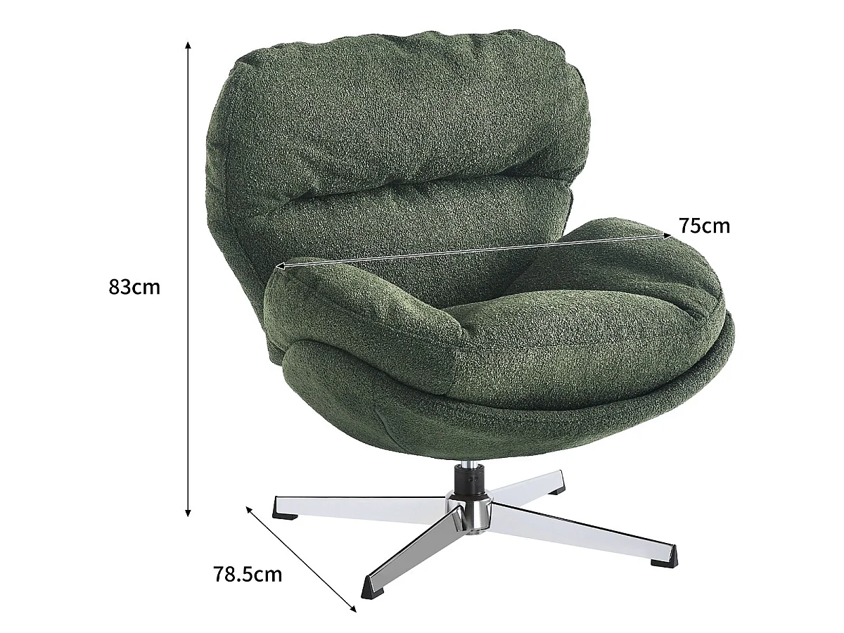 Fauteuil pivotant en tissu bouclé vert kaki et piètement chromé - Oli