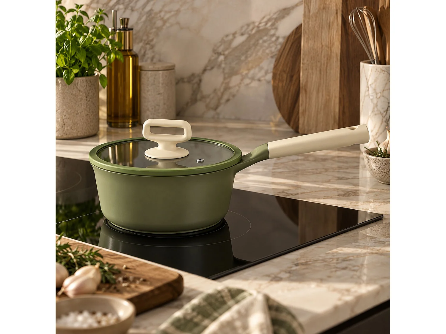 Menastyl - Casserole Anna 18cm En Fonte Aluminium Vert Avec Couvercle