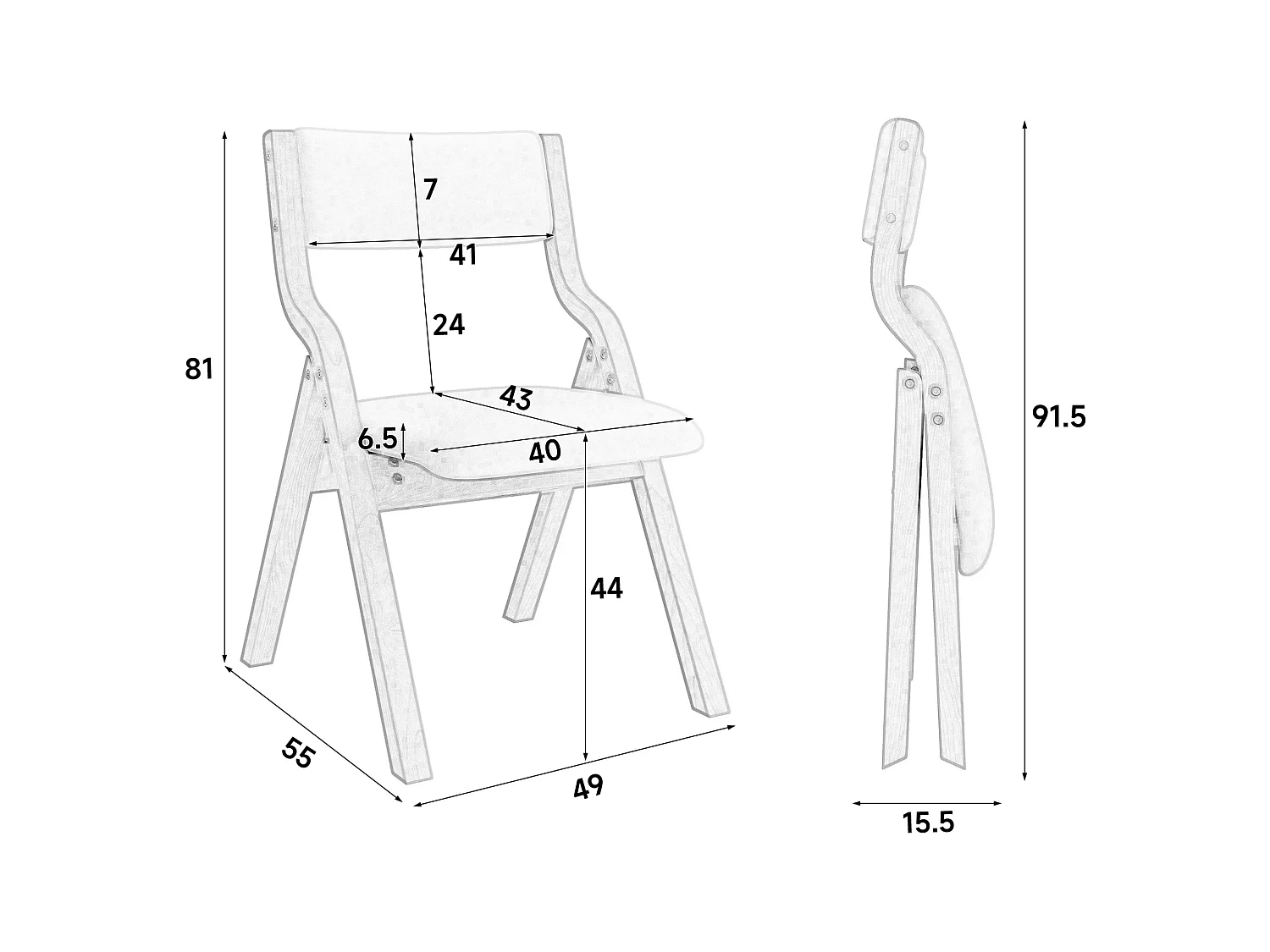 Lot de 2 chaises de salle à manger pliantes en lin avec cadre en bois massif, montées