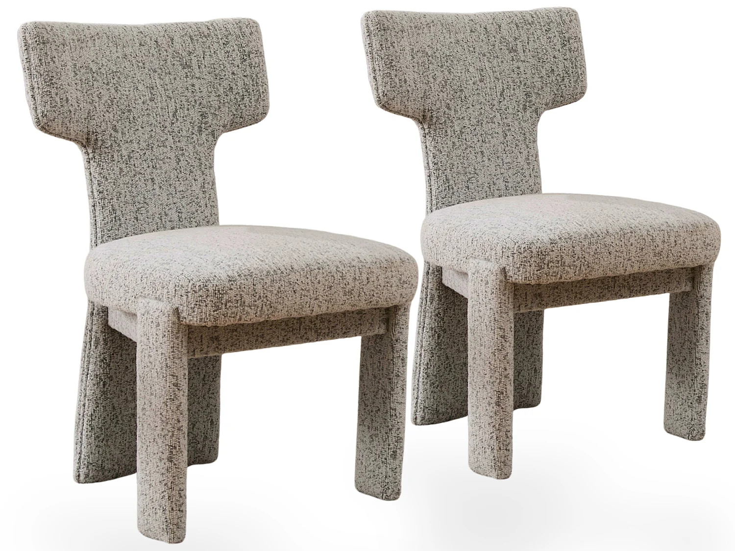 Set van 2 chenille eetkamerstoelen met brede gebogen T rugleuning en houten frame
