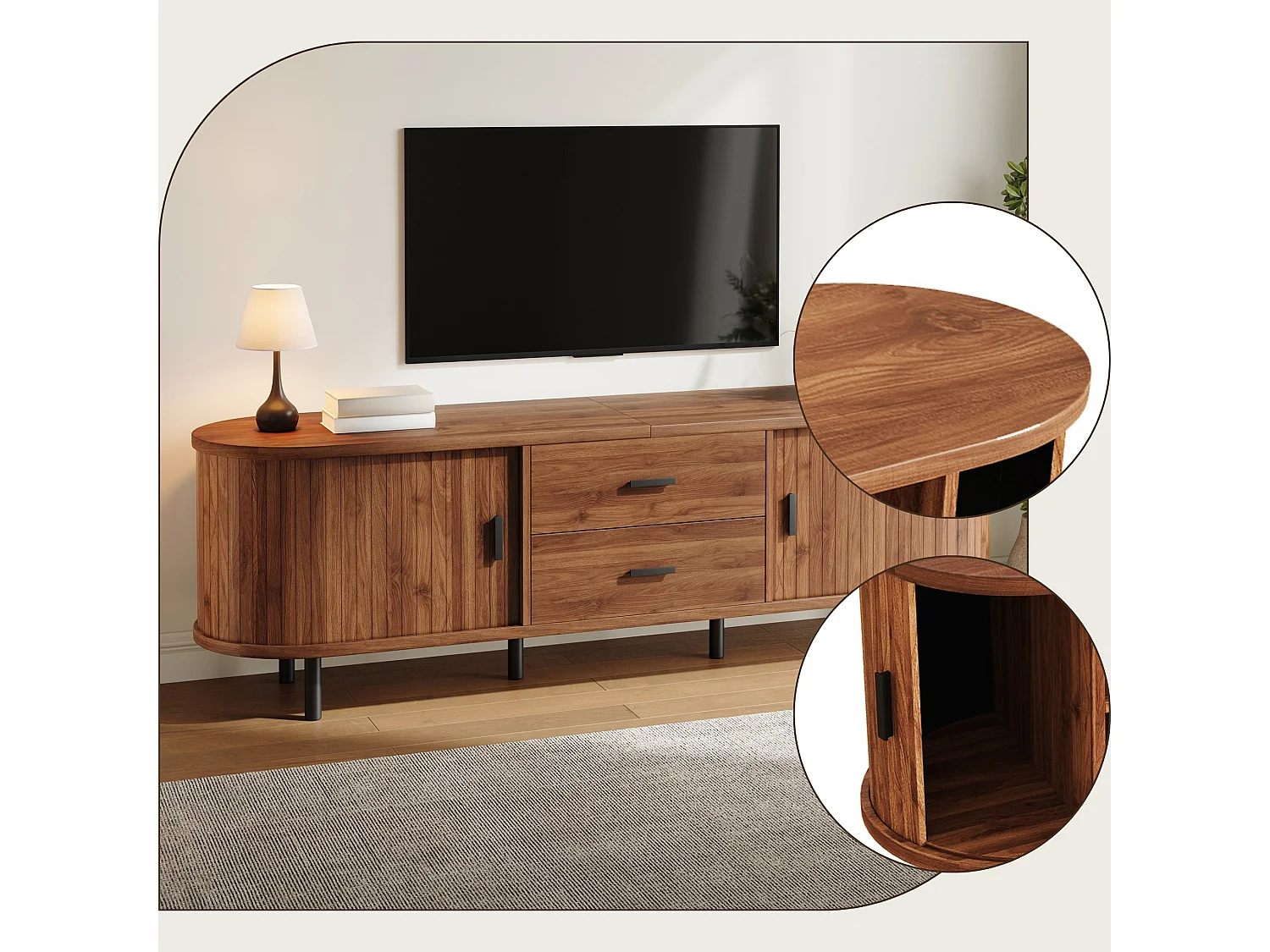 Mobile TV basso ovale 150 cm con ante scorrevoli, 2 cassetti e gambe in metallo