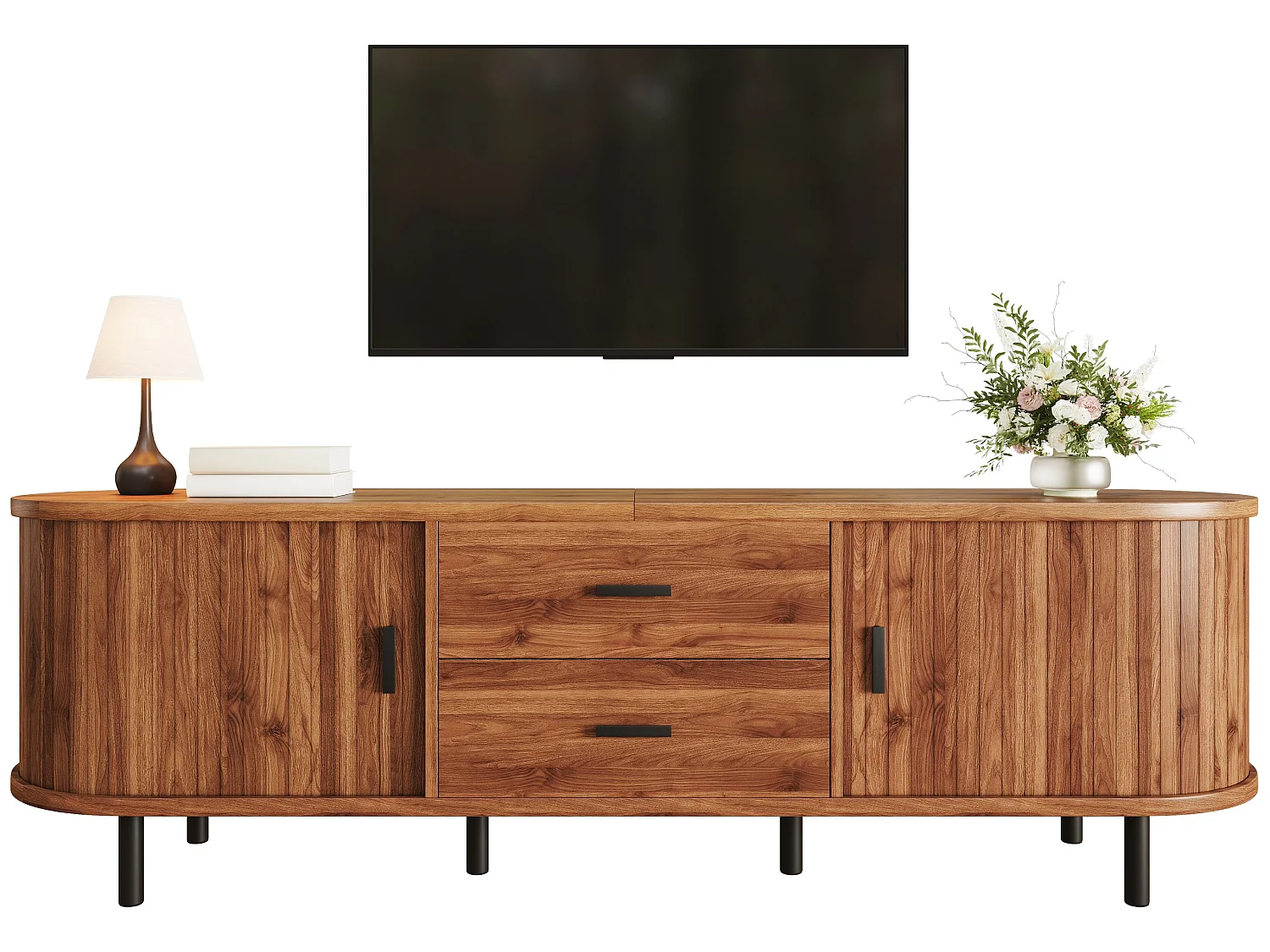 Mobile TV basso ovale 150 cm con ante scorrevoli, 2 cassetti e gambe in metallo