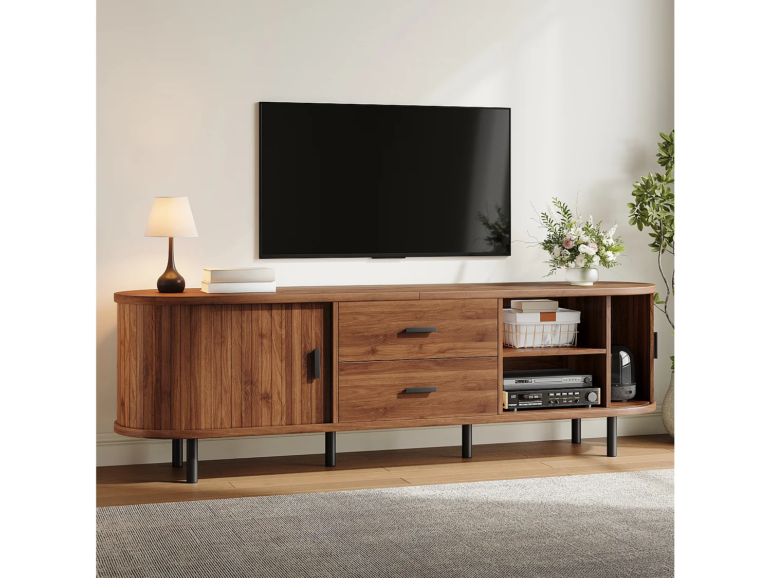 Mobile TV basso ovale 150 cm con ante scorrevoli, 2 cassetti e gambe in metallo