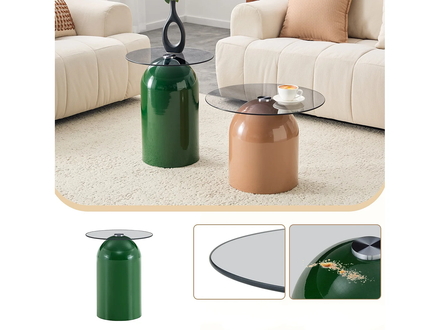 Set di 2 tavolini rotondi con piani in vetro e basi metalliche a campana