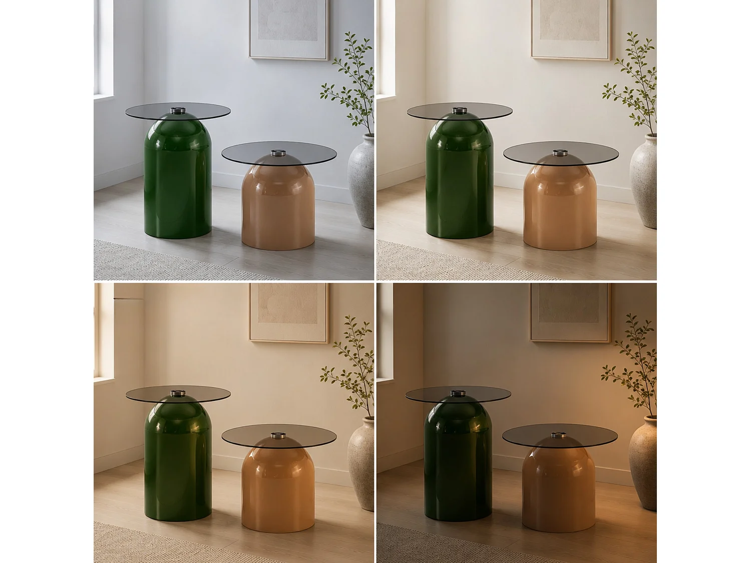 Set di 2 tavolini rotondi con piani in vetro e basi metalliche a campana
