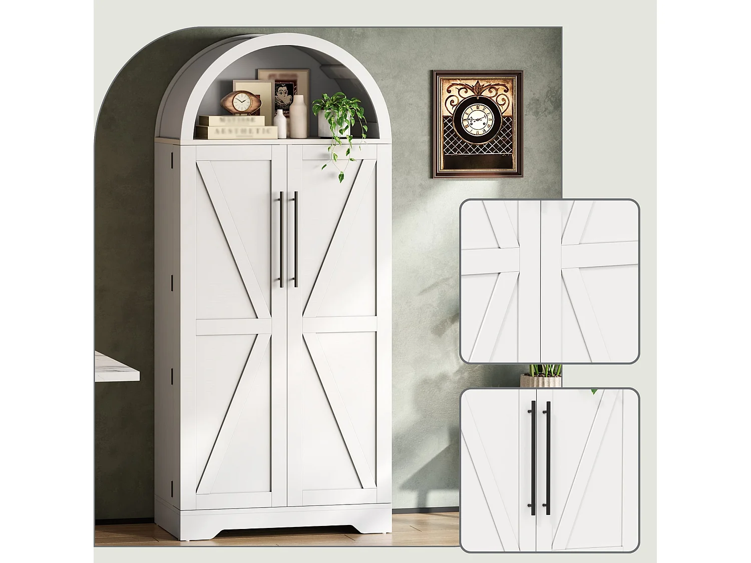 Buffet de cuisine 165 cm avec niche arquée, étagères de porte et double porte