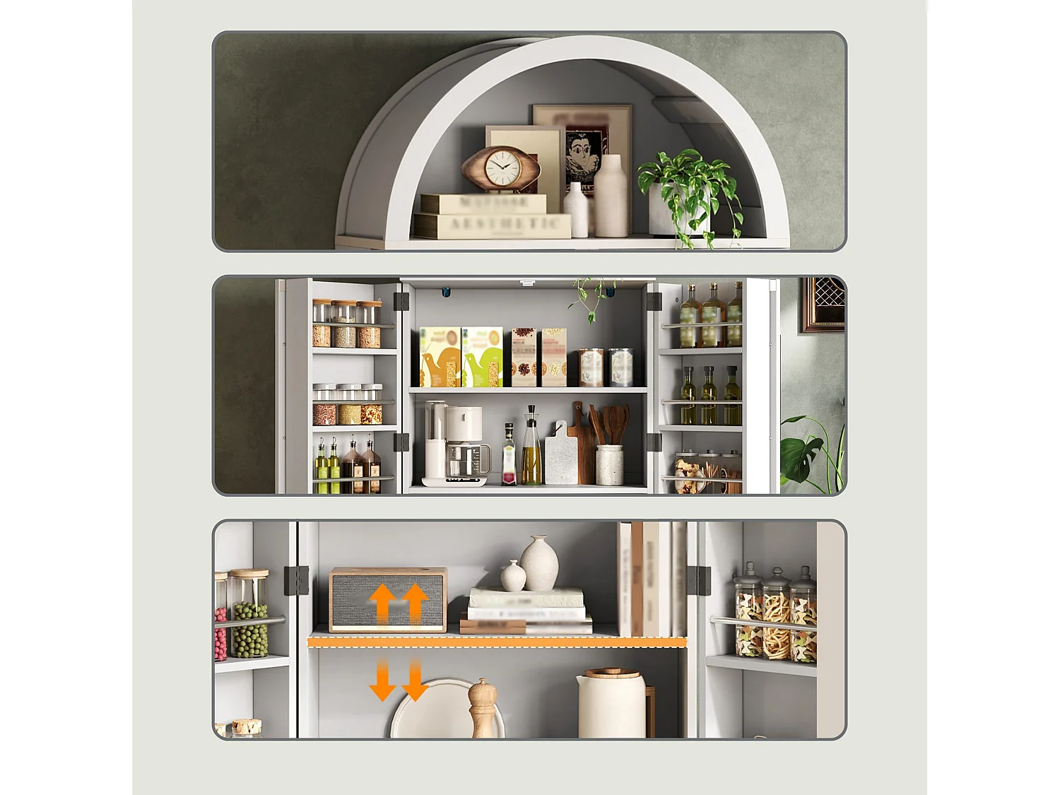 Buffet de cuisine 165 cm avec niche arquée, étagères de porte et double porte