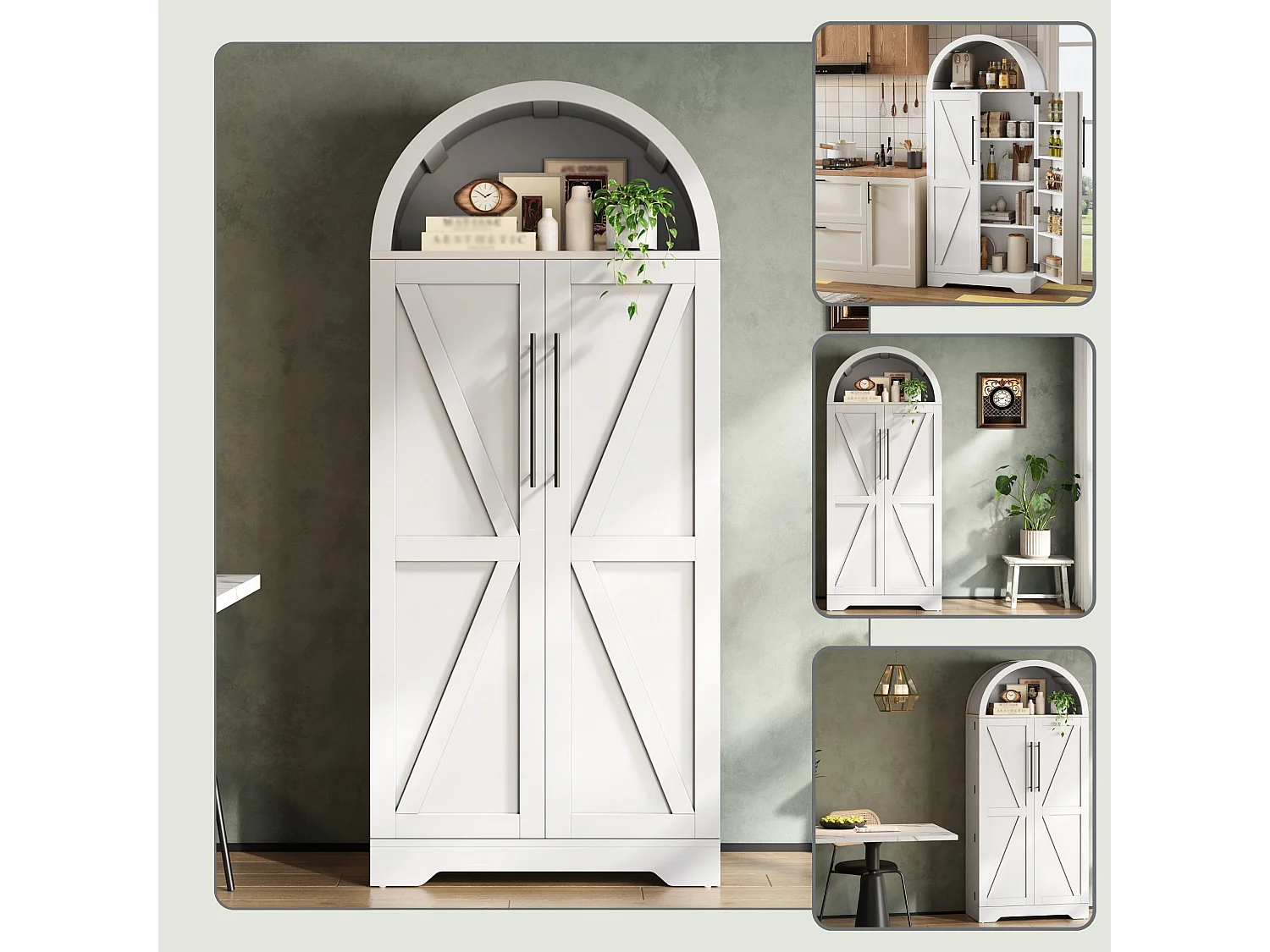 Buffet de cuisine 165 cm avec niche arquée, étagères de porte et double porte