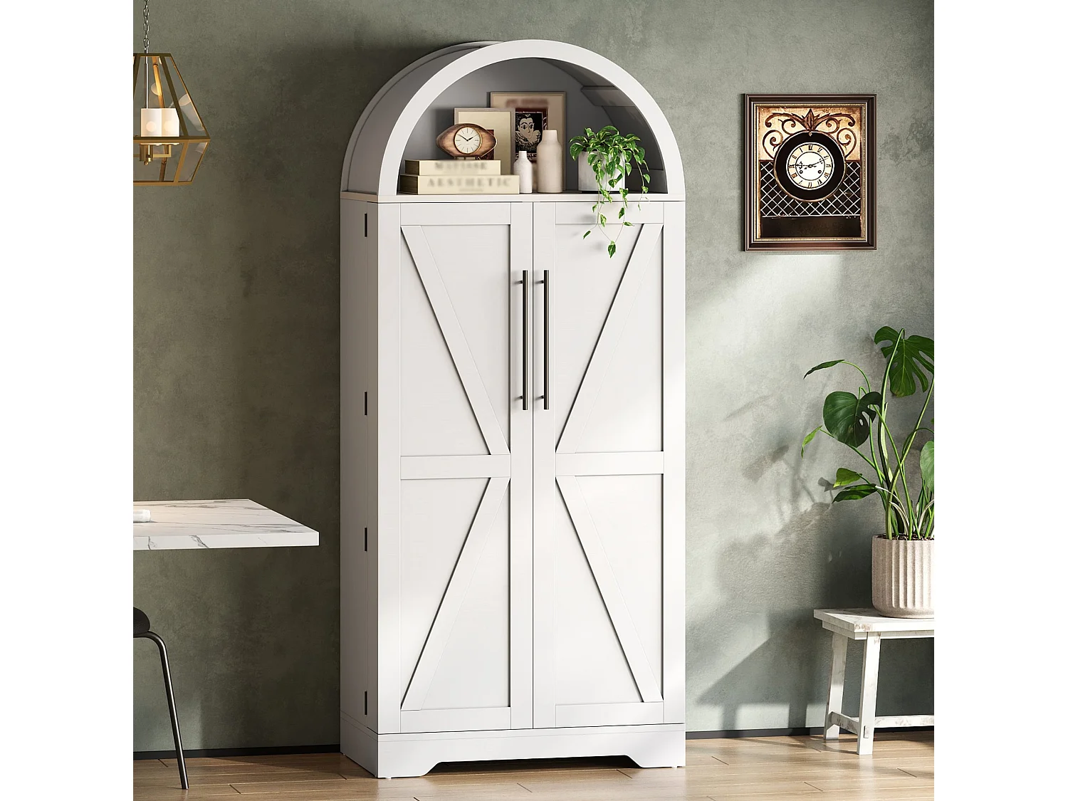 Buffet de cuisine 165 cm avec niche arquée, étagères de porte et double porte
