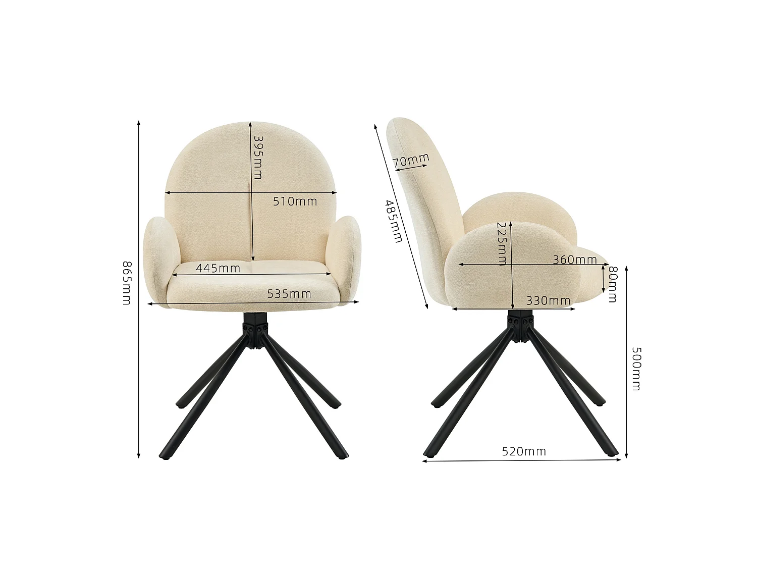 Set de 2 sillas de comedor giratorias de chenilla con reposabrazos y patas de metal