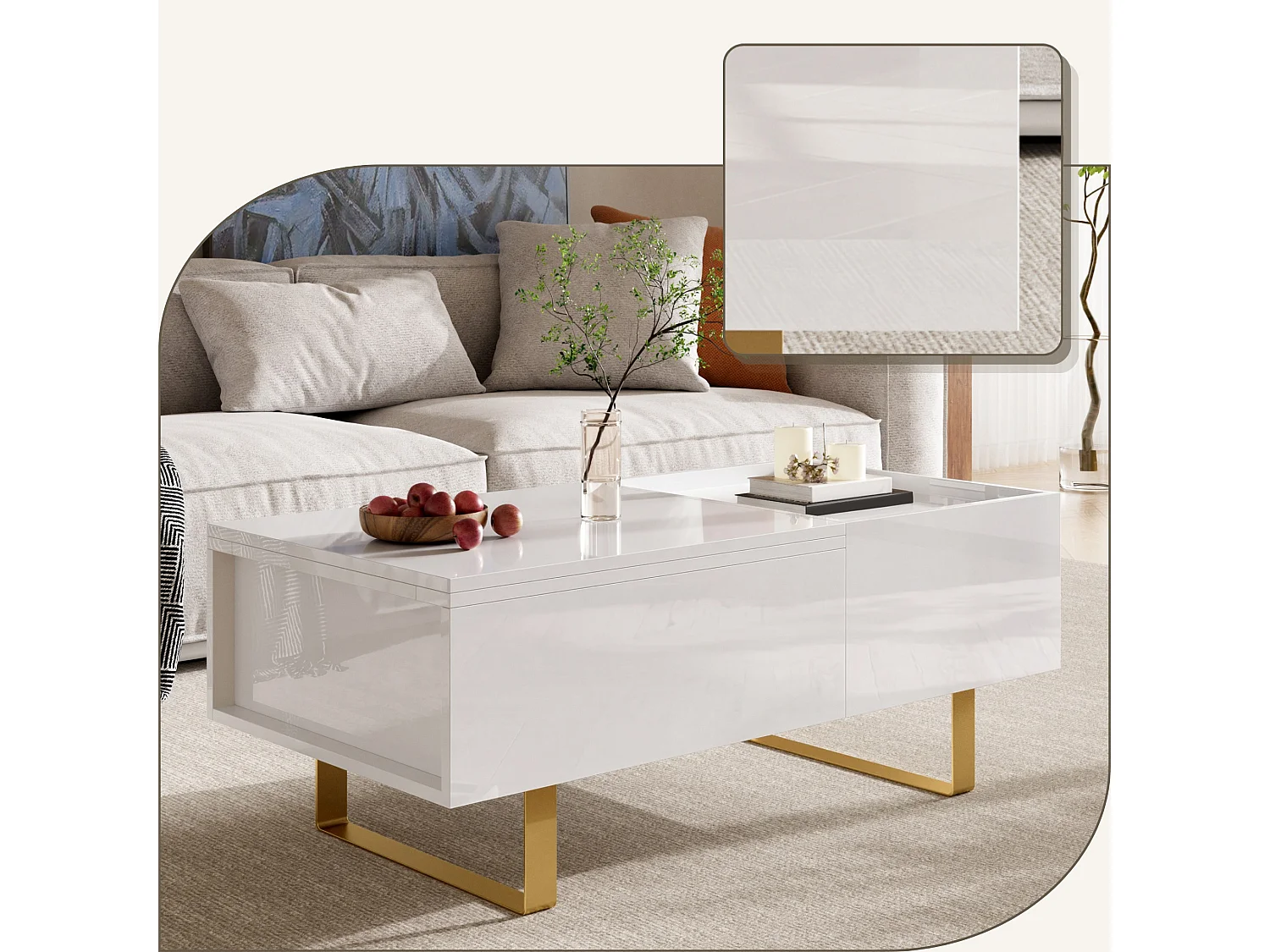 Moderne salontafel met hefblad, lade en verborgen opbergruimte voor de woonkamer