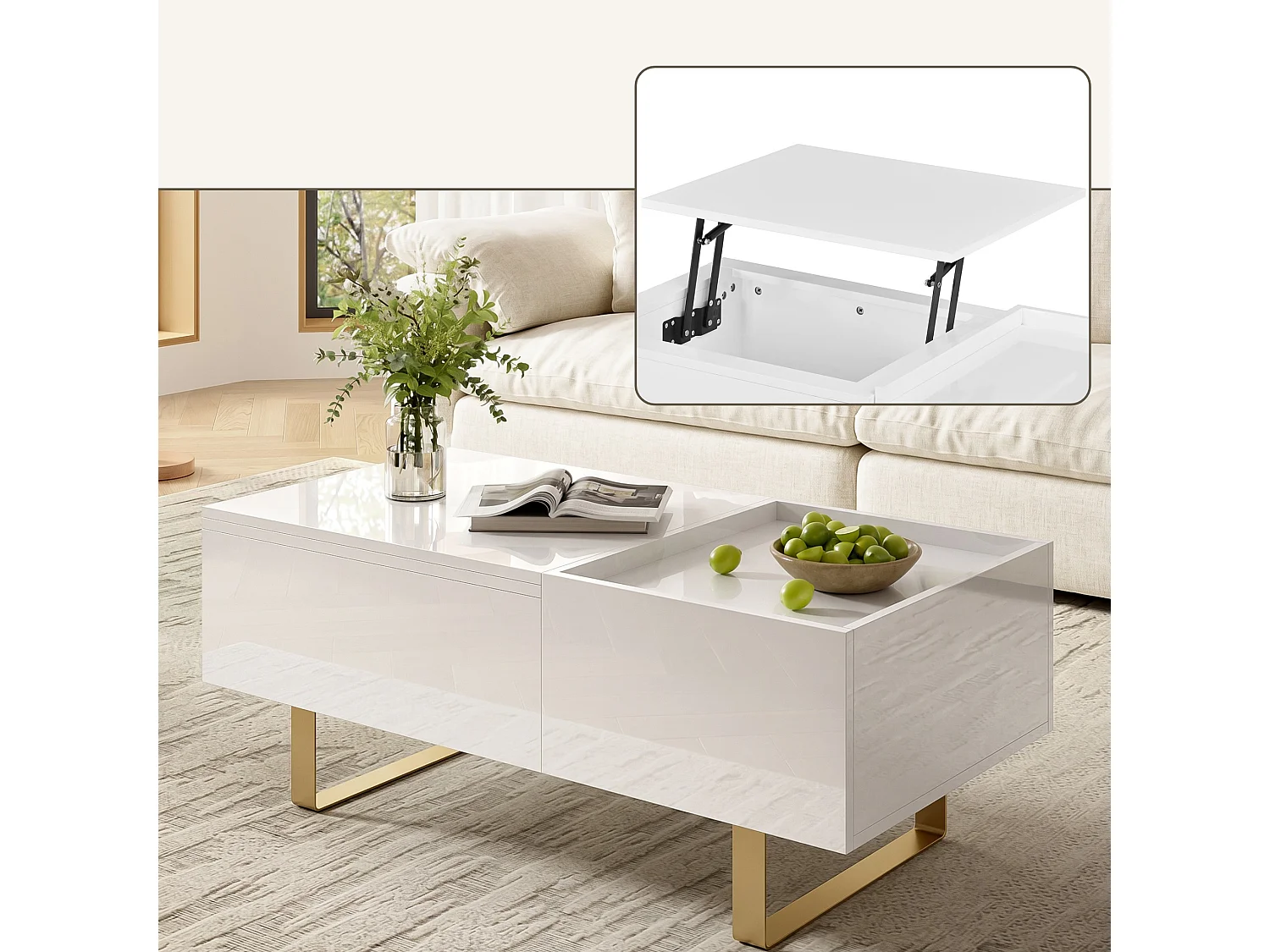 Moderne salontafel met hefblad, lade en verborgen opbergruimte voor de woonkamer