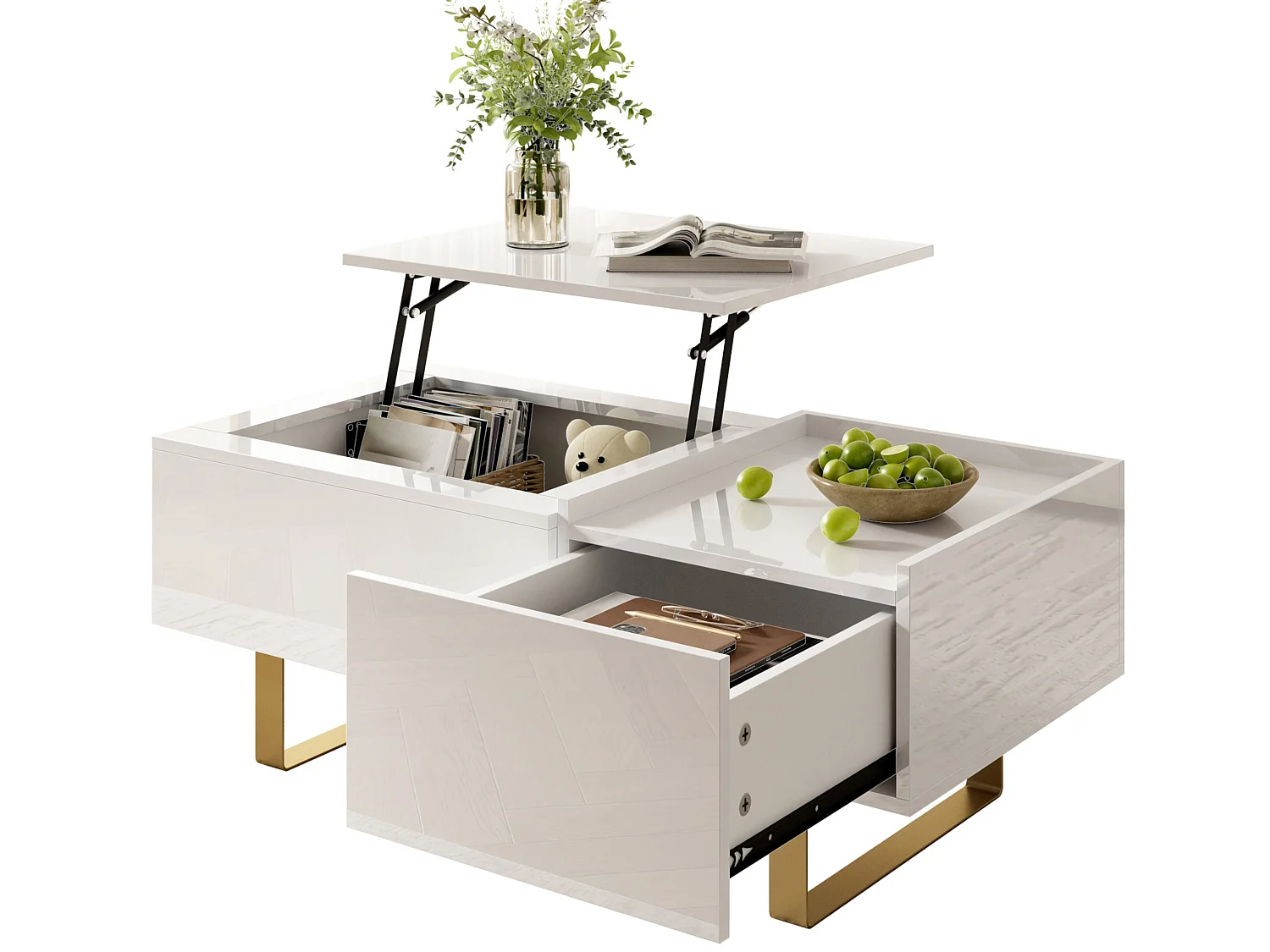Moderne salontafel met hefblad, lade en verborgen opbergruimte voor de woonkamer