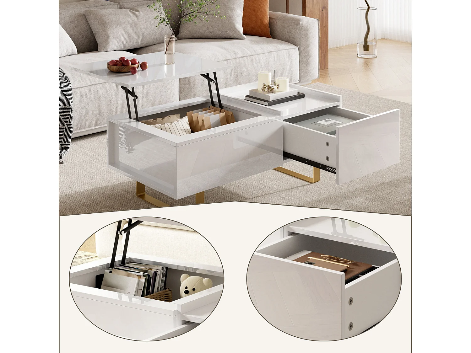 Moderne salontafel met hefblad, lade en verborgen opbergruimte voor de woonkamer