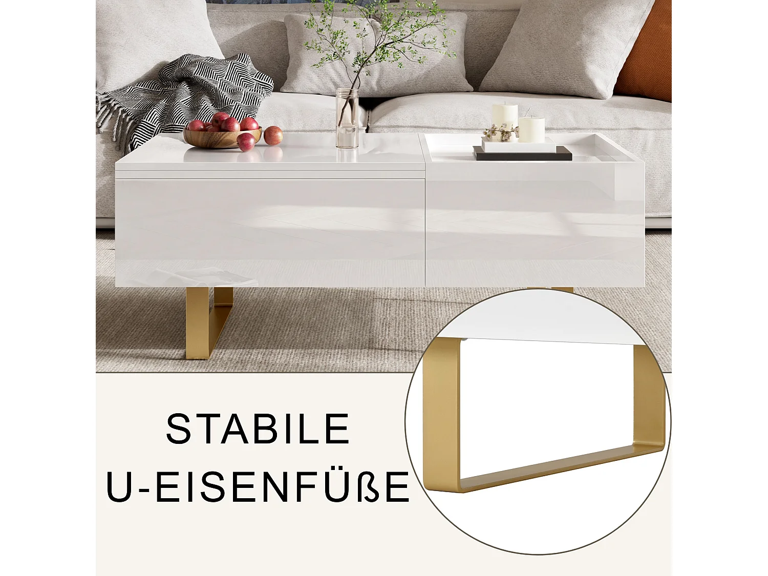 Moderne salontafel met hefblad, lade en verborgen opbergruimte voor de woonkamer