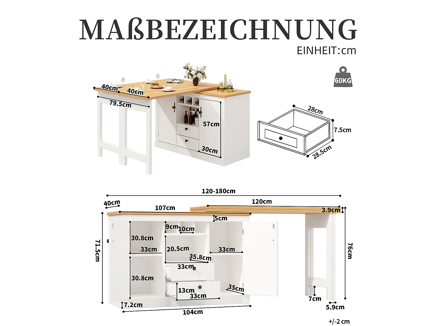 Uitschuifbare eettafel met opbergkast en draaifunctie 120 tot 180 x 40 cm