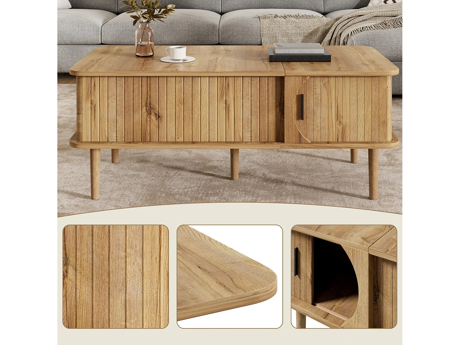 Table basse relevable de 41 à 55.5 cm avec rangement et porte coulissante