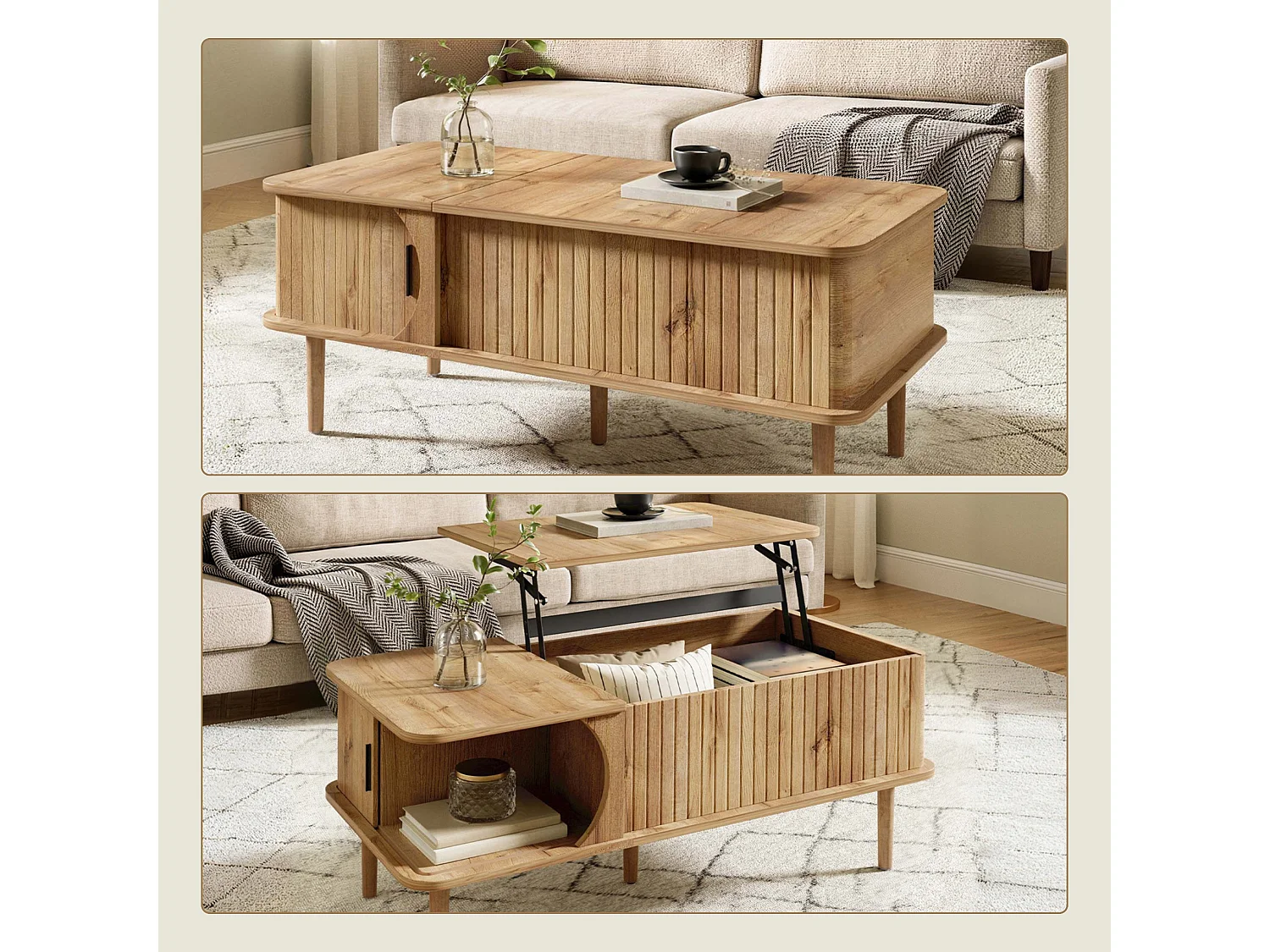 Table basse relevable de 41 à 55.5 cm avec rangement et porte coulissante