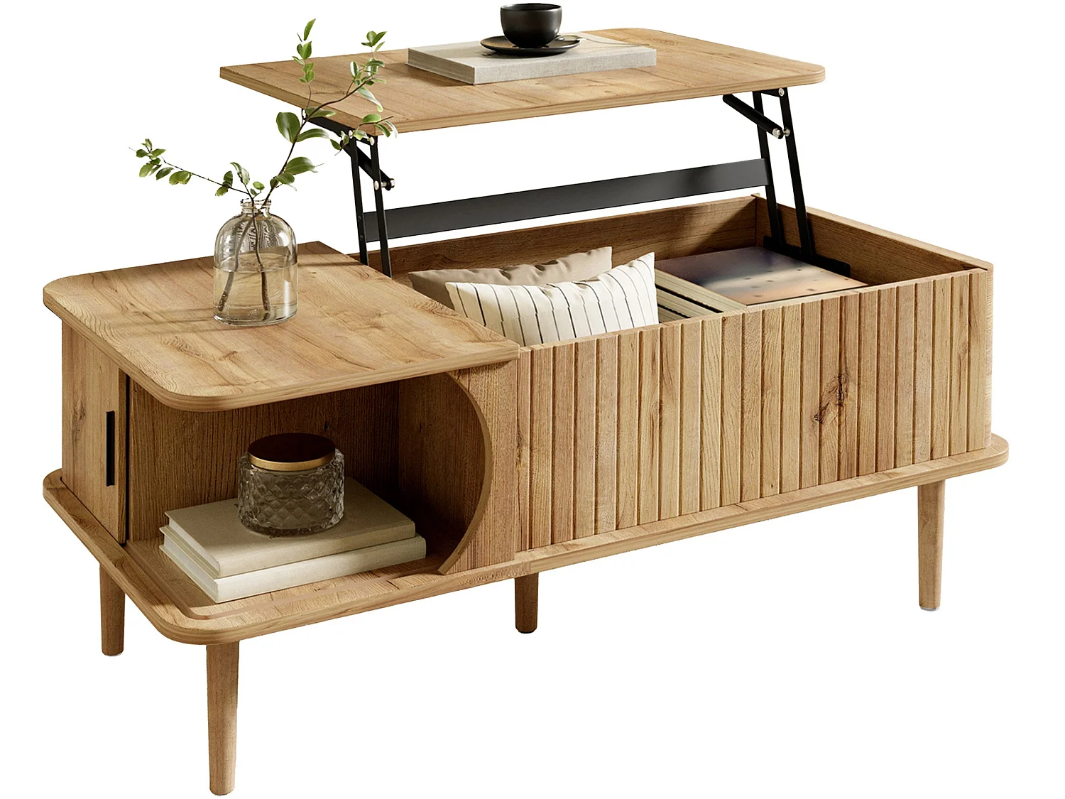 Table basse relevable de 41 à 55.5 cm avec rangement et porte coulissante