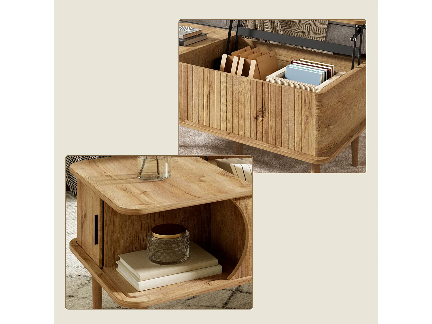 Table basse relevable de 41 à 55.5 cm avec rangement et porte coulissante