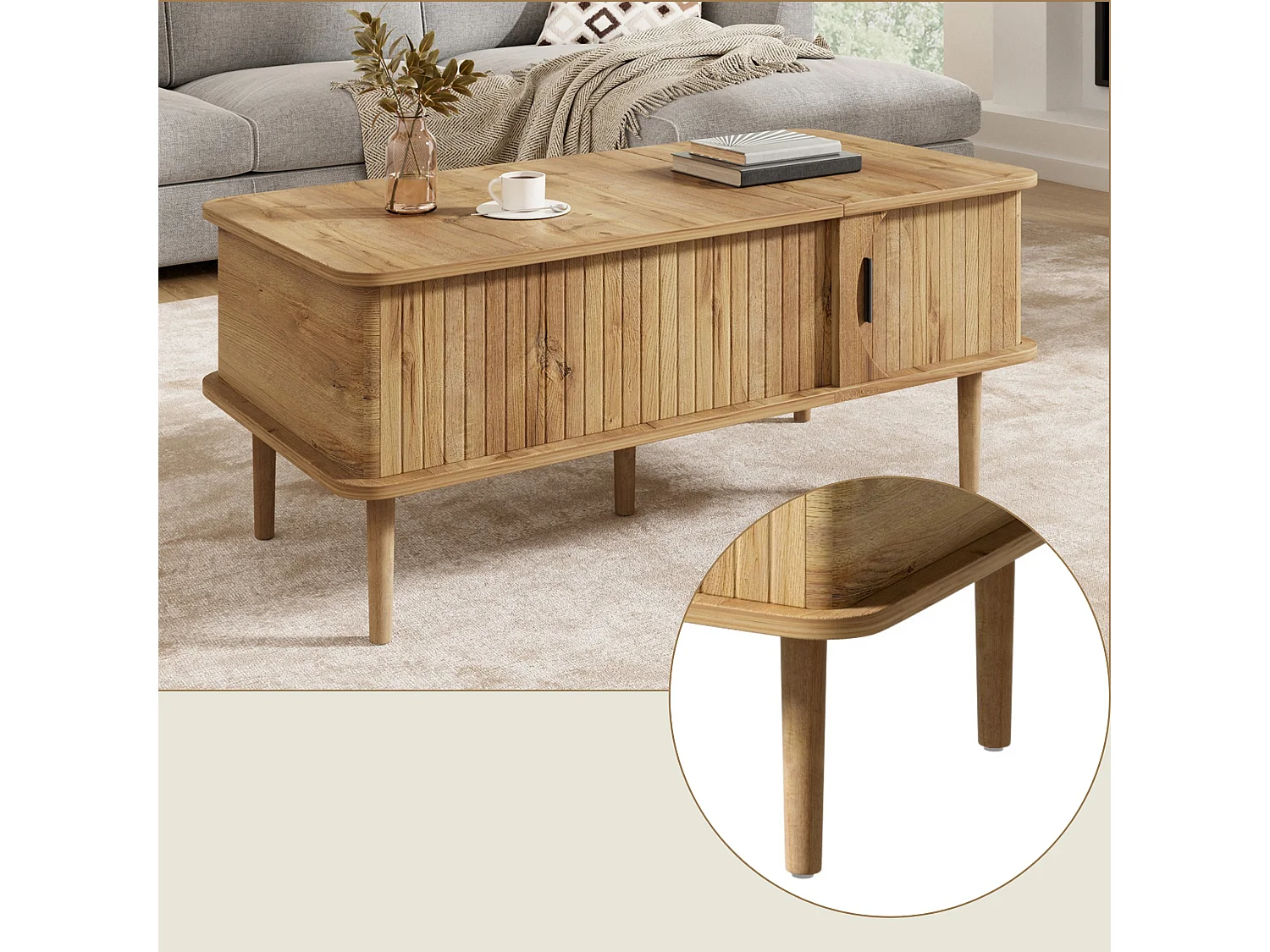 Table basse relevable de 41 à 55.5 cm avec rangement et porte coulissante
