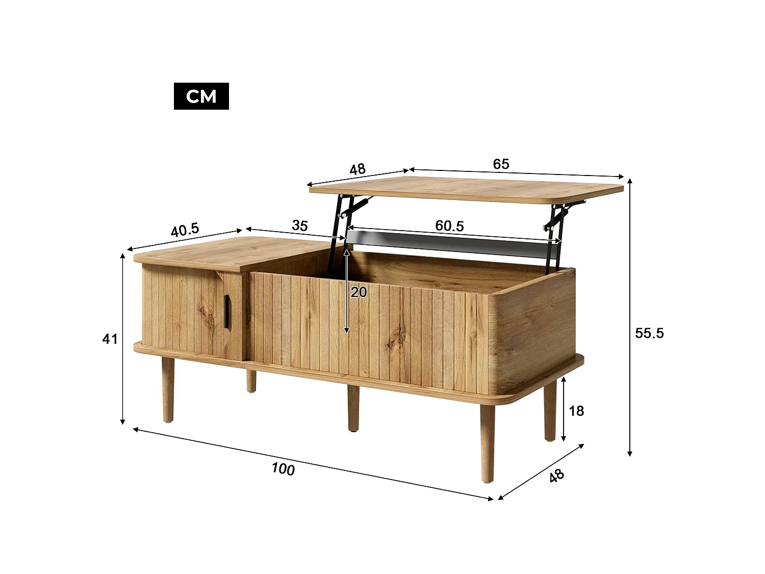 Table basse relevable de 41 à 55.5 cm avec rangement et porte coulissante