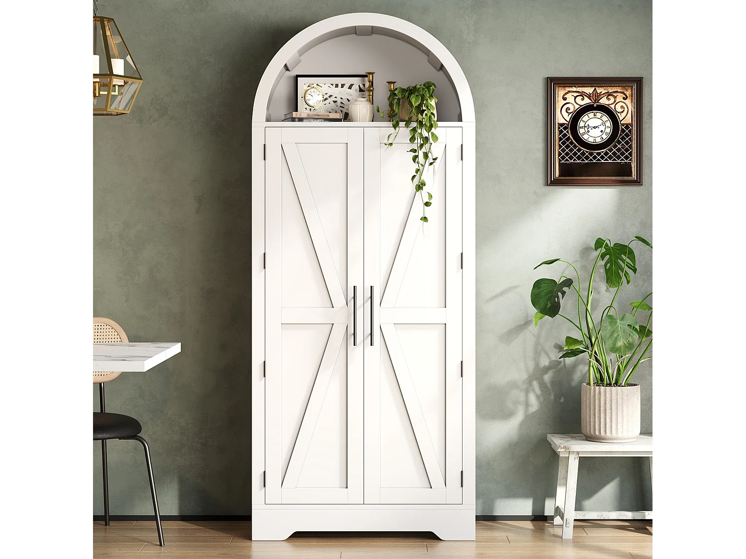 Armoire de cuisine 170 cm avec design en arc, buffet avec compartiment ouvert et double portes.