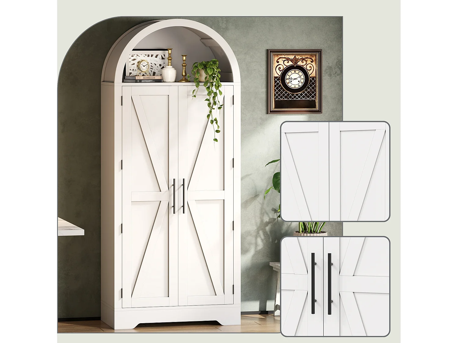 Armoire de cuisine 170 cm avec design en arc, buffet avec compartiment ouvert et double portes.