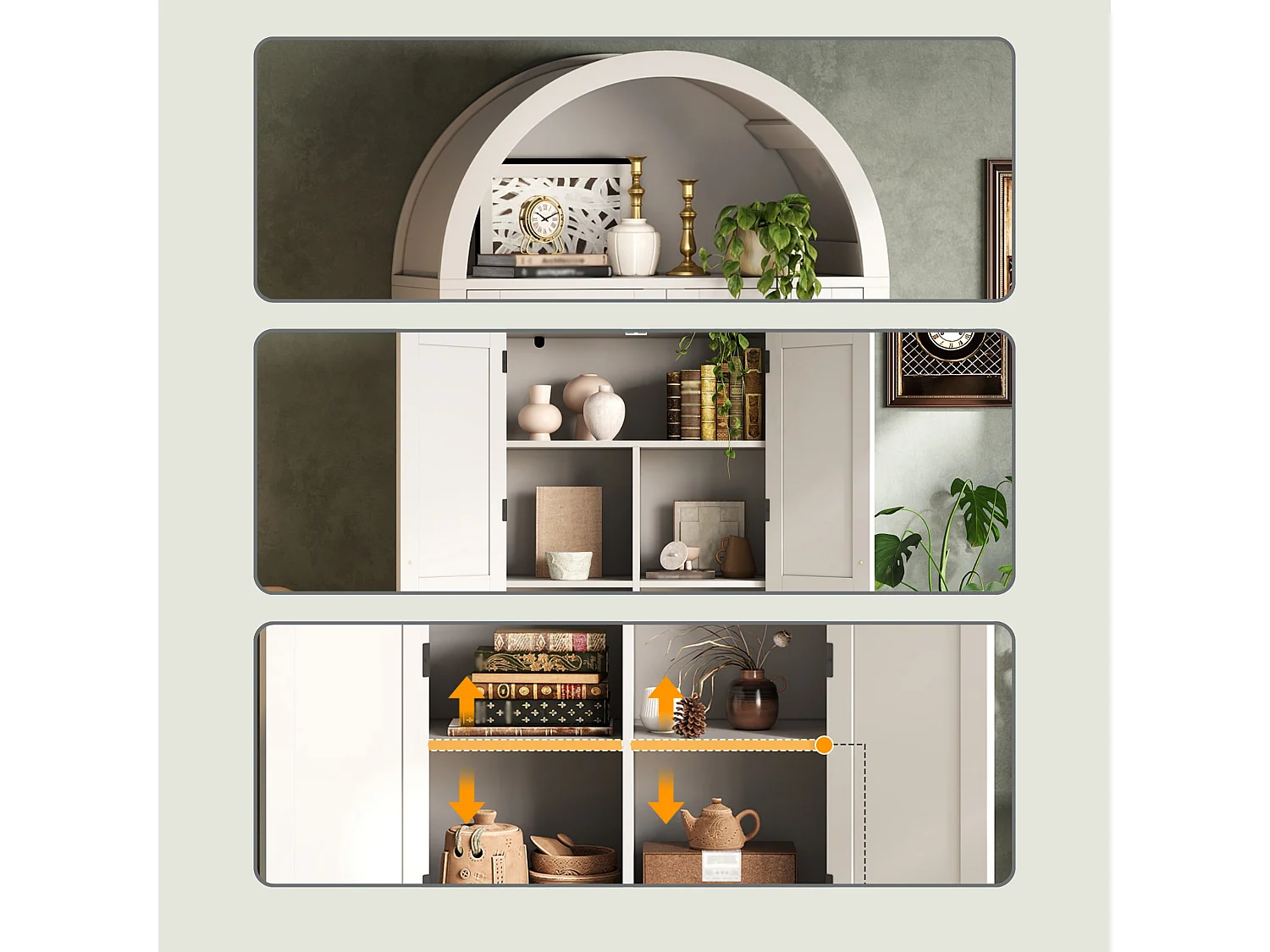 Armoire de cuisine 170 cm avec design en arc, buffet avec compartiment ouvert et double portes.