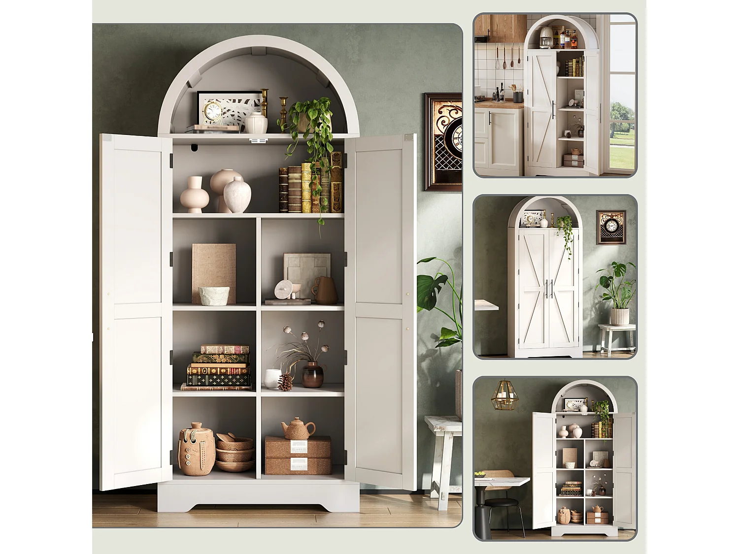 Armoire de cuisine 170 cm avec design en arc, buffet avec compartiment ouvert et double portes.