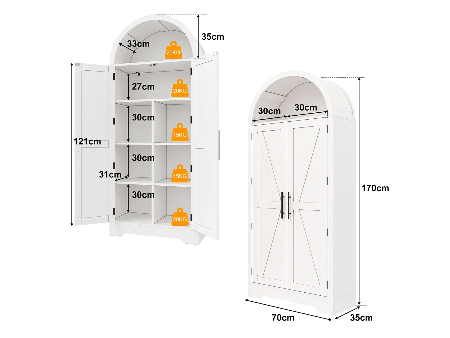 Armoire de cuisine 170 cm avec design en arc, buffet avec compartiment ouvert et double portes.