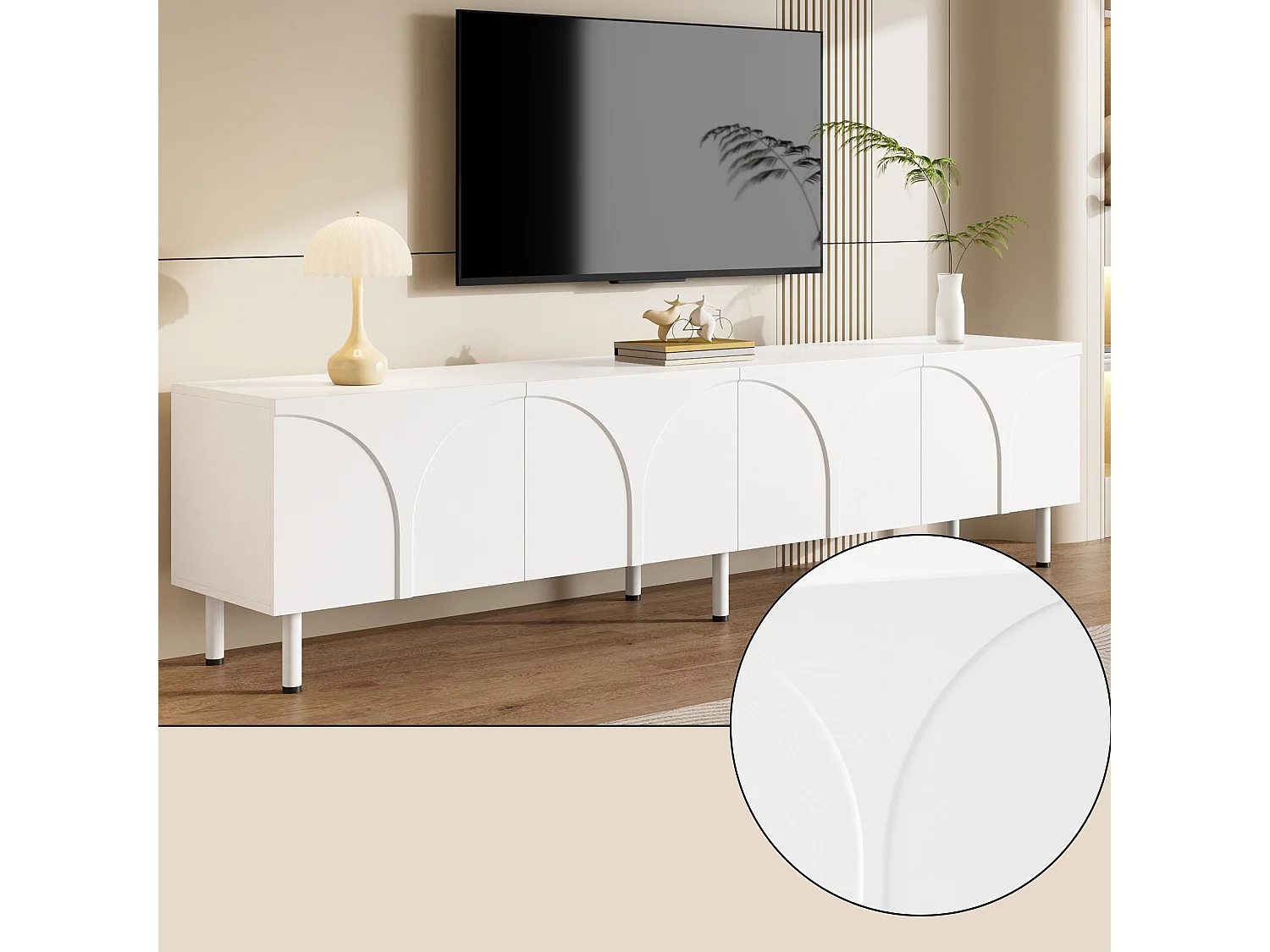 Meuble TV bas 180 cm avec 4 portes, façade en relief 3D et ouverture par pression