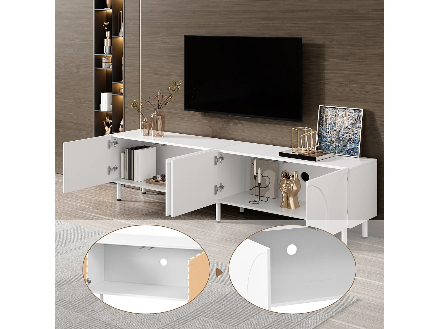 Meuble TV bas 180 cm avec 4 portes, façade en relief 3D et ouverture par pression
