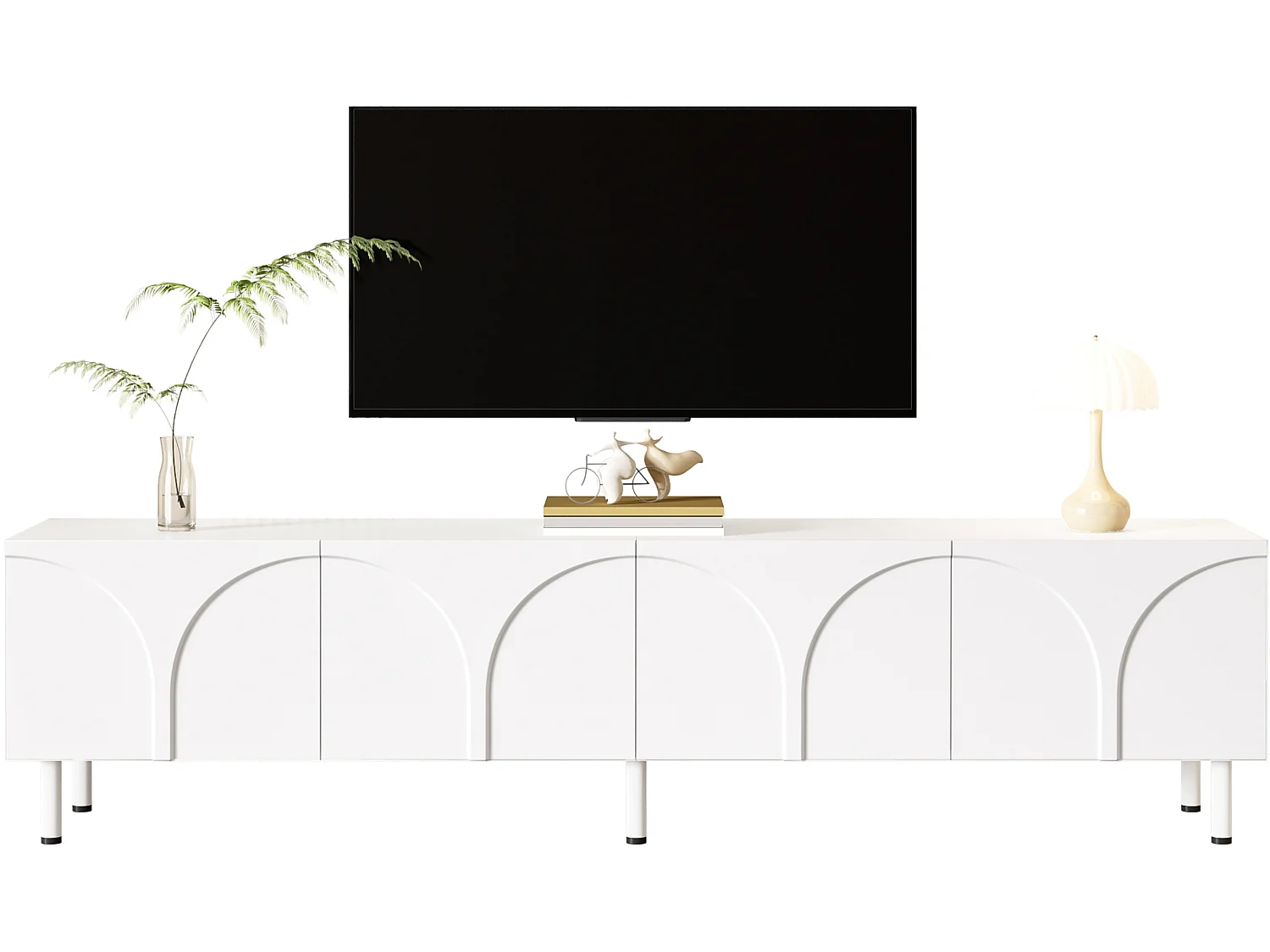 Meuble TV bas 180 cm avec 4 portes, façade en relief 3D et ouverture par pression