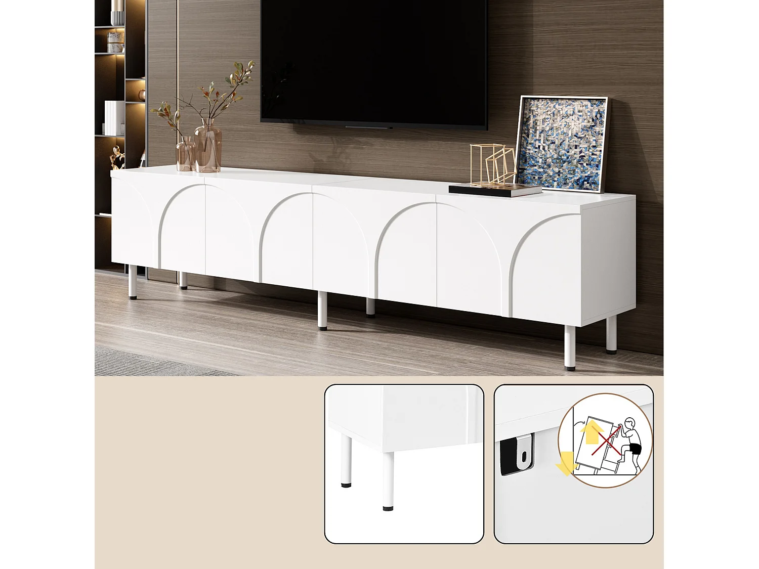 Meuble TV bas 180 cm avec 4 portes, façade en relief 3D et ouverture par pression