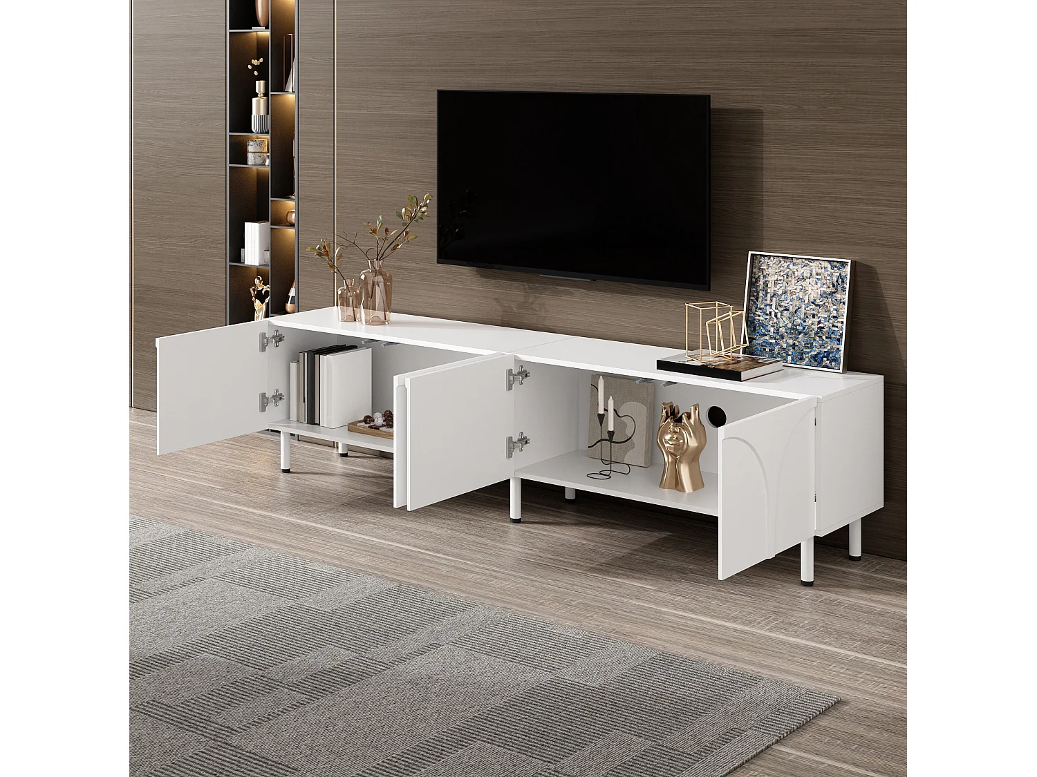 Meuble TV bas 180 cm avec 4 portes, façade en relief 3D et ouverture par pression