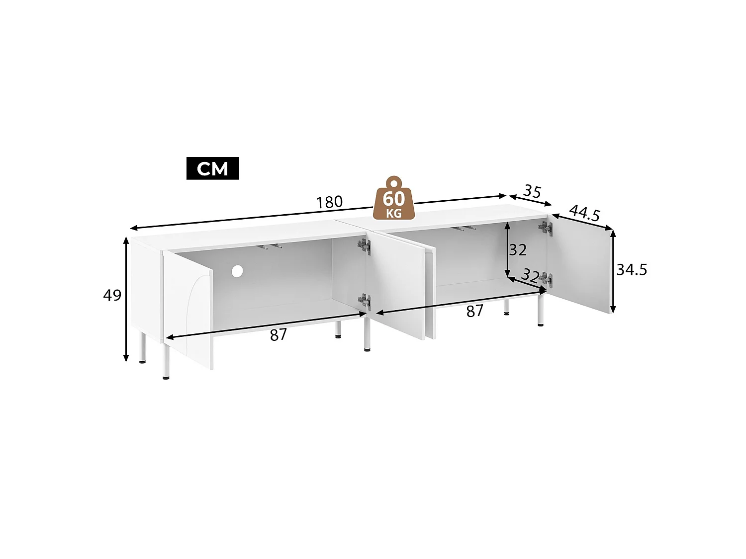Meuble TV bas 180 cm avec 4 portes, façade en relief 3D et ouverture par pression