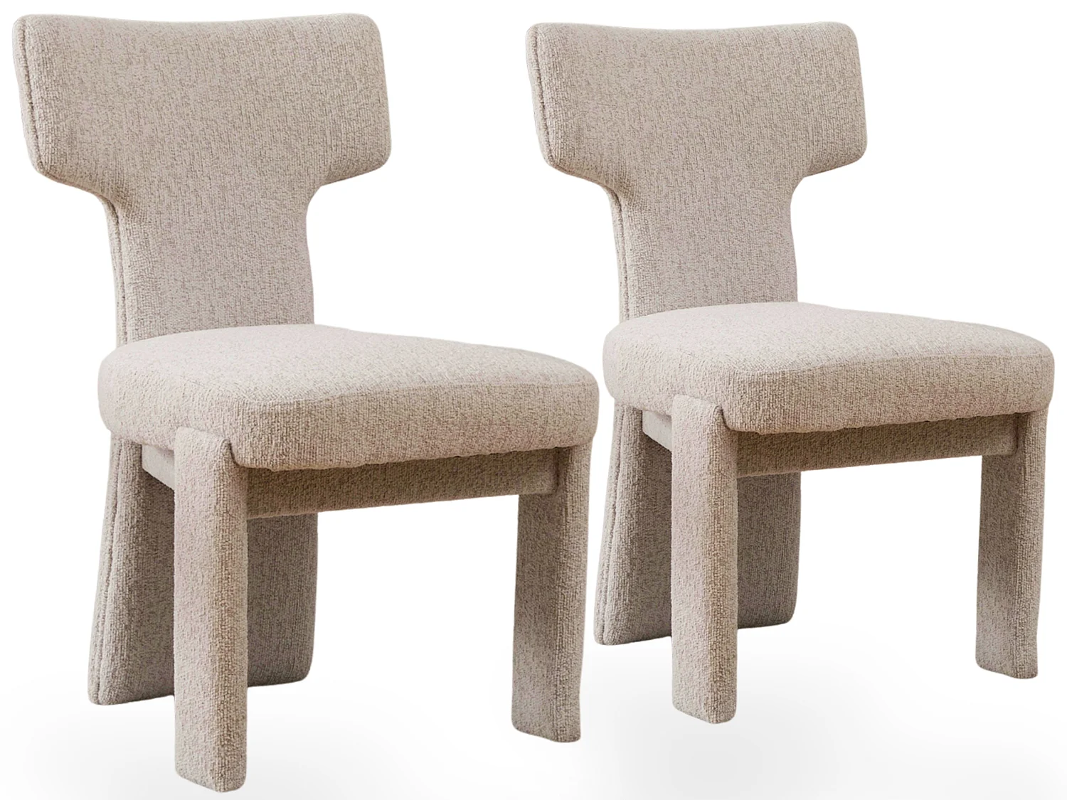 Set van 2 chenille eetkamerstoelen met brede gebogen T rugleuning en houten frame