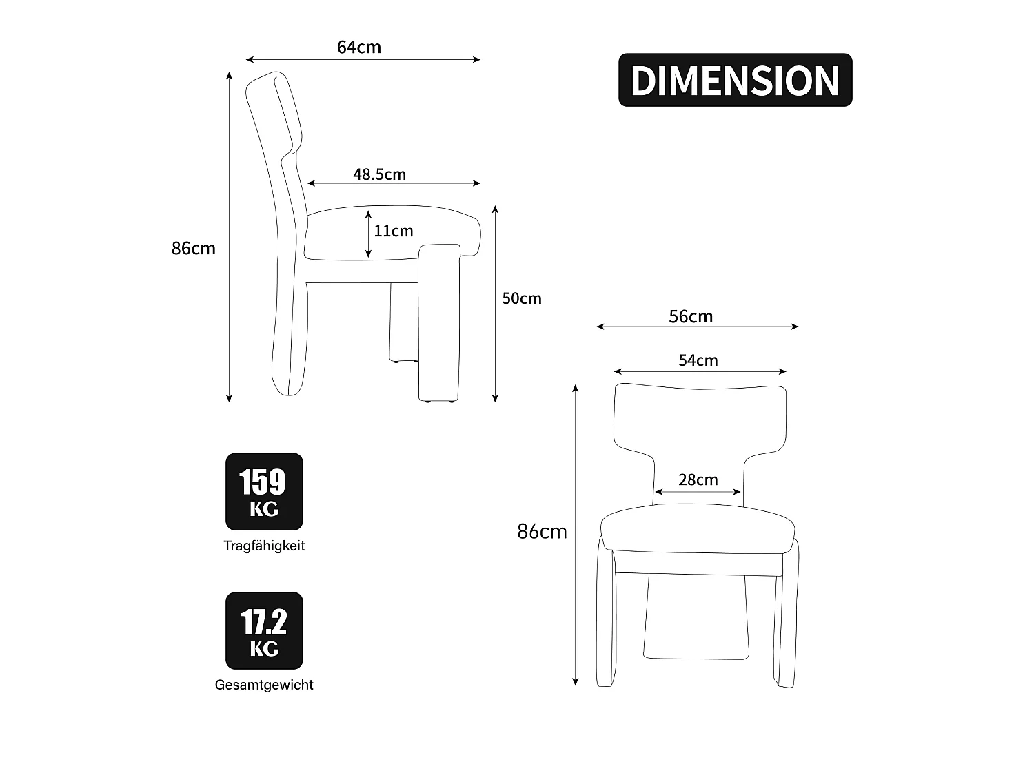 Set van 2 chenille eetkamerstoelen met brede gebogen T rugleuning en houten frame