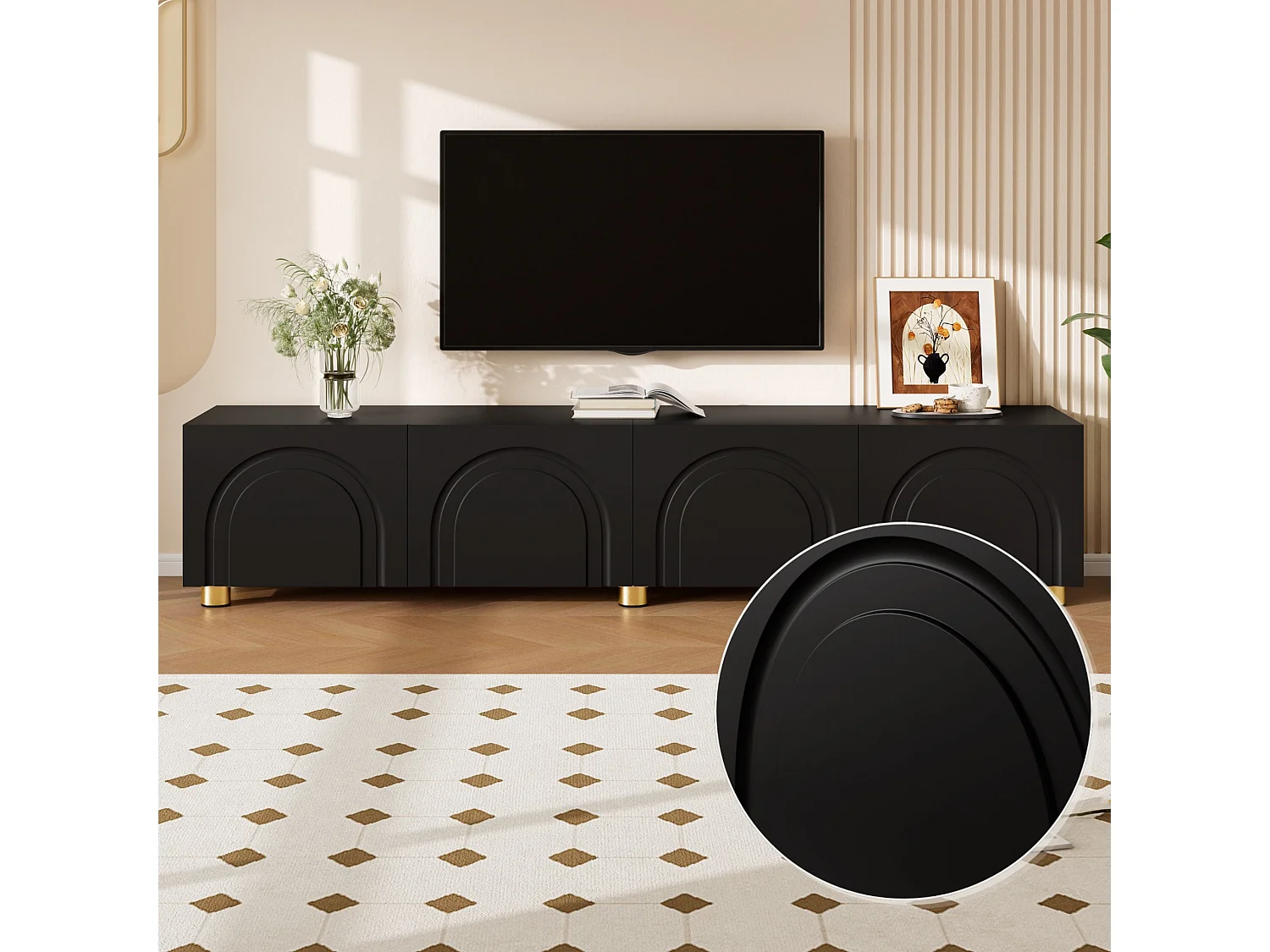 Meuble TV bas 180 cm avec 4 portes, rangement fermé et pieds en métal