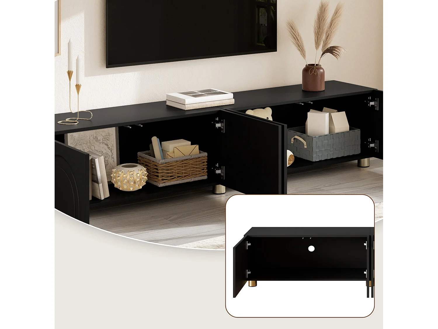 Meuble TV bas 180 cm avec 4 portes, rangement fermé et pieds en métal