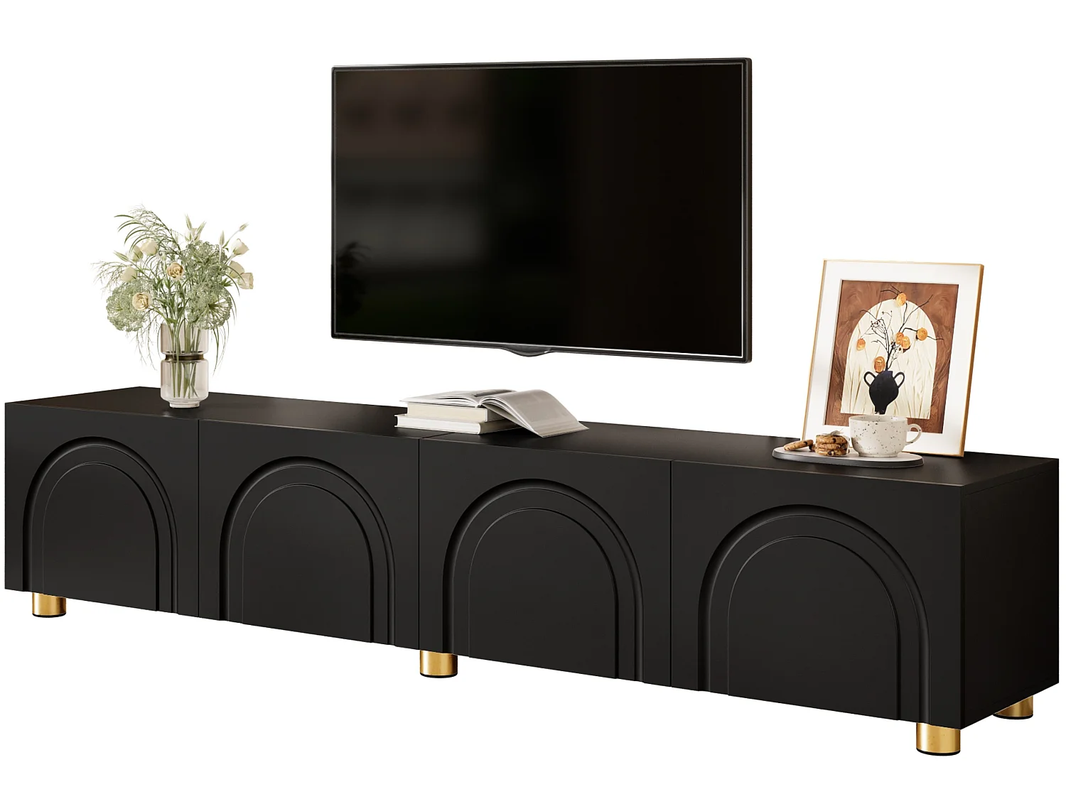 Meuble TV bas 180 cm avec 4 portes, rangement fermé et pieds en métal