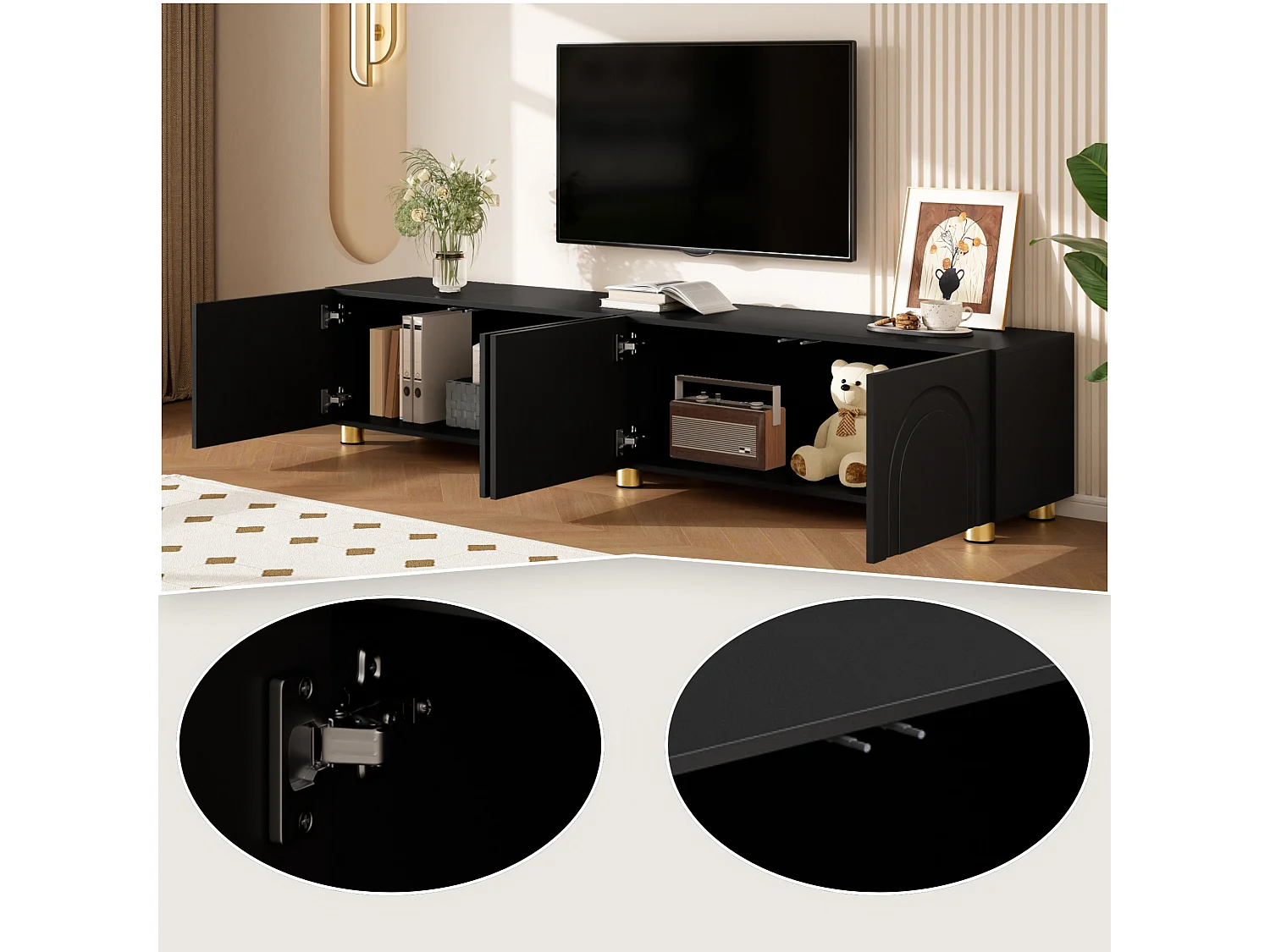 Meuble TV bas 180 cm avec 4 portes, rangement fermé et pieds en métal