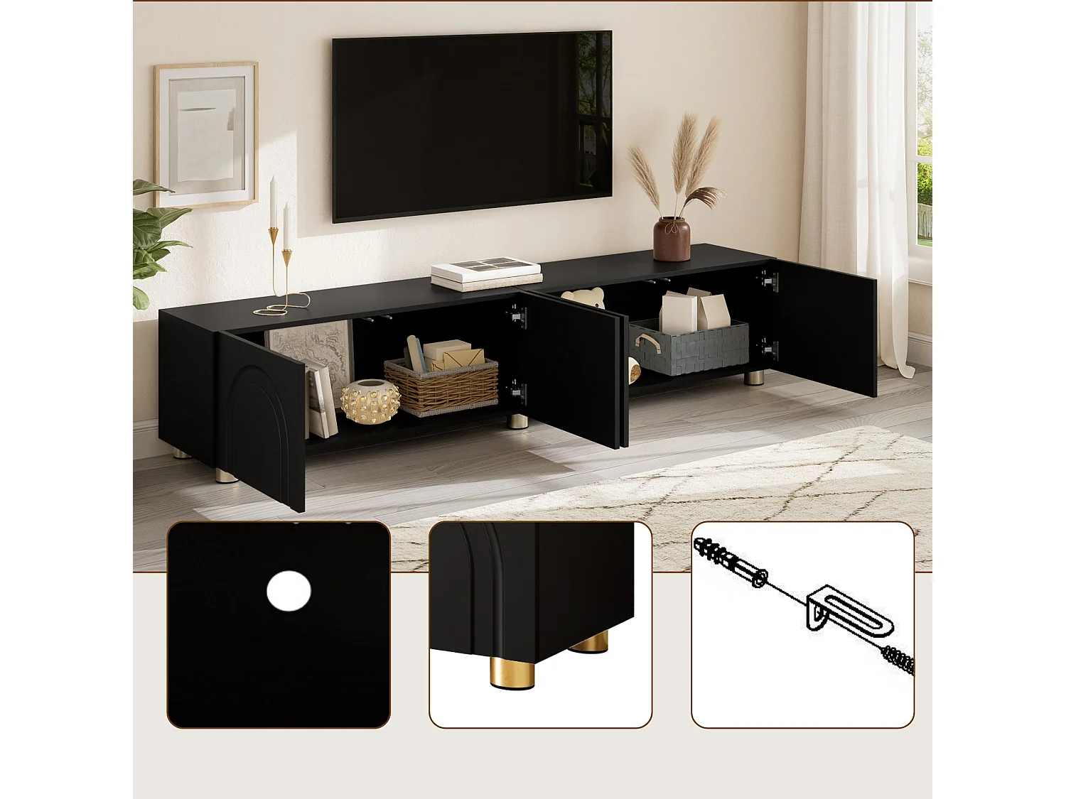 Meuble TV bas 180 cm avec 4 portes, rangement fermé et pieds en métal