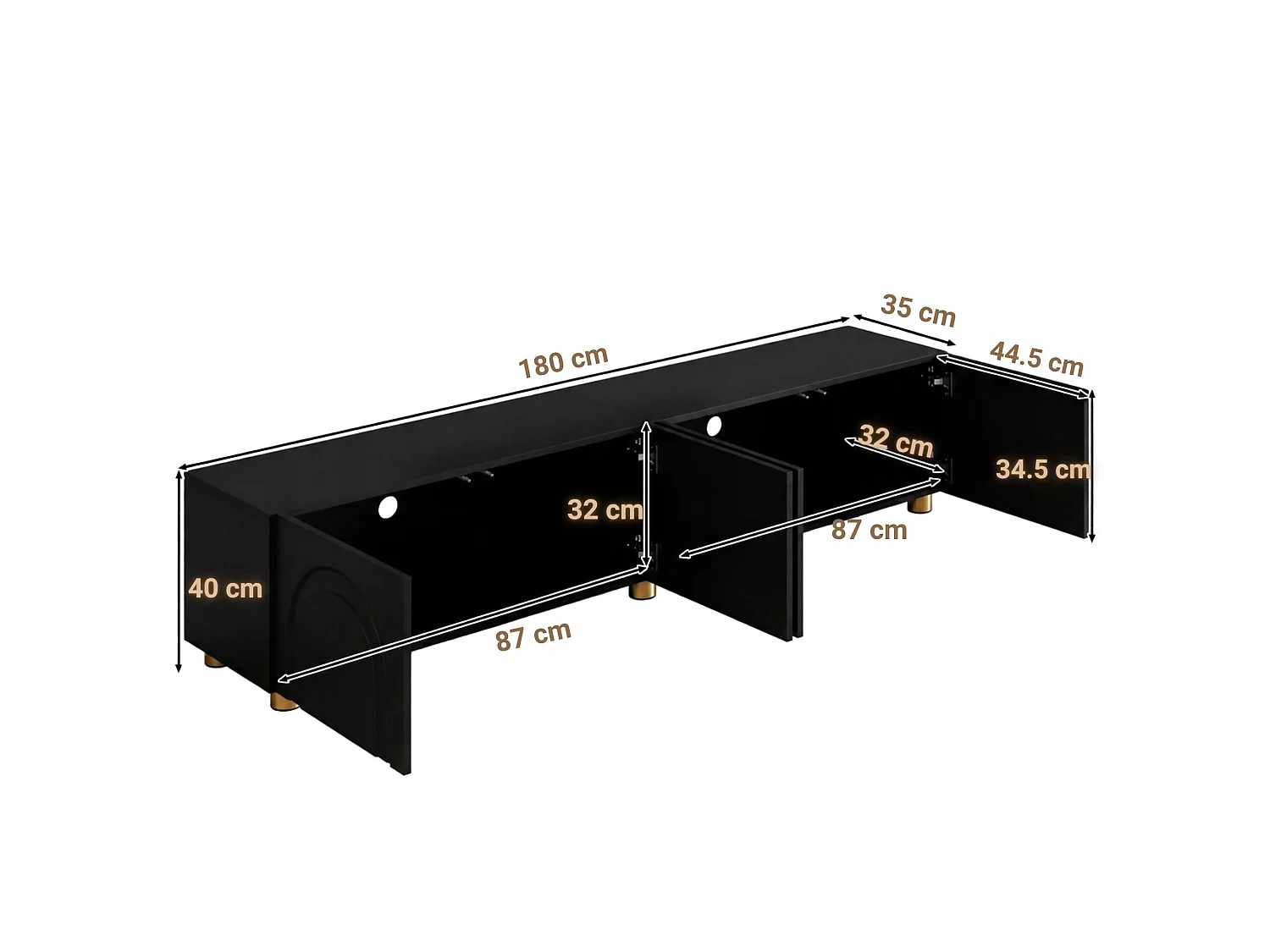 Meuble TV bas 180 cm avec 4 portes, rangement fermé et pieds en métal