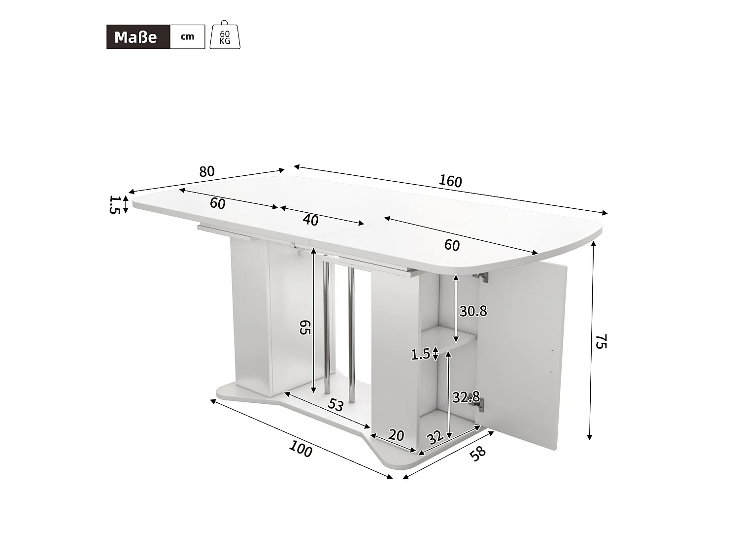 Table à manger extensible avec rangement pour 4 à 6 personnes 120 à 160 x 80 cm