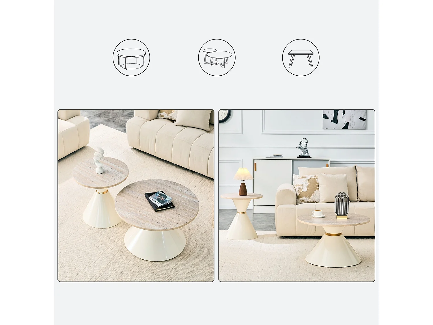 Set de 2 tables basses rondes avec plateaux décoratifs et socles métalliques coniques