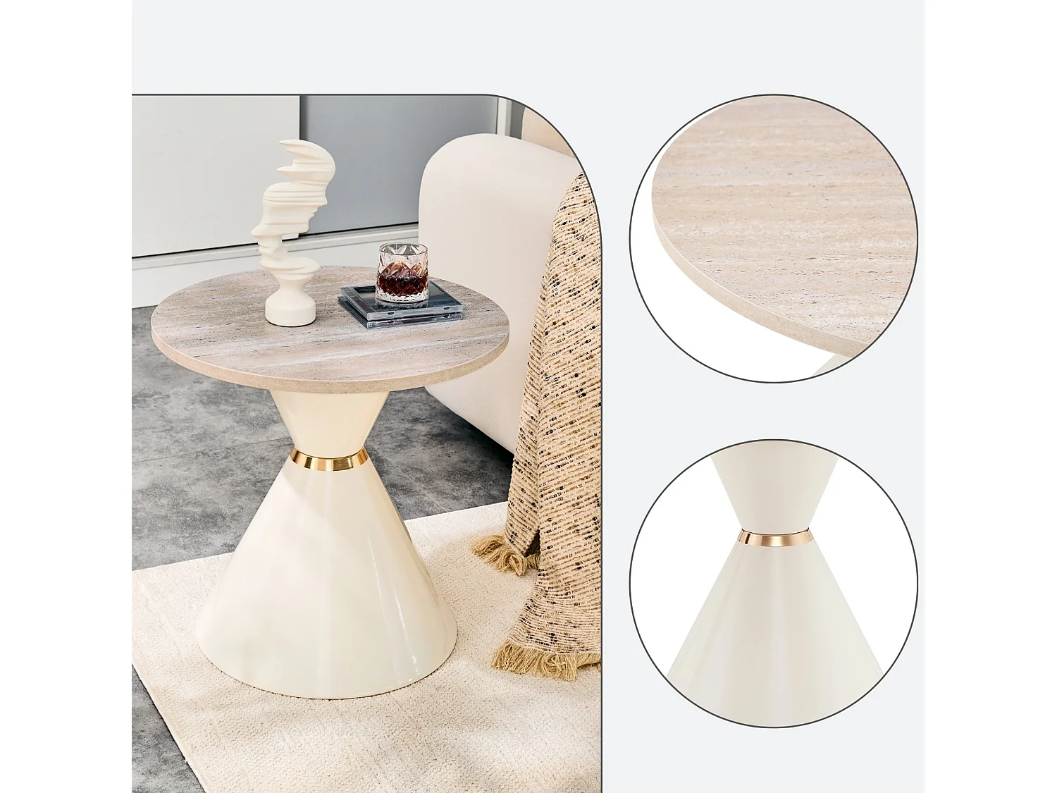 Set de 2 tables basses rondes avec plateaux décoratifs et socles métalliques coniques